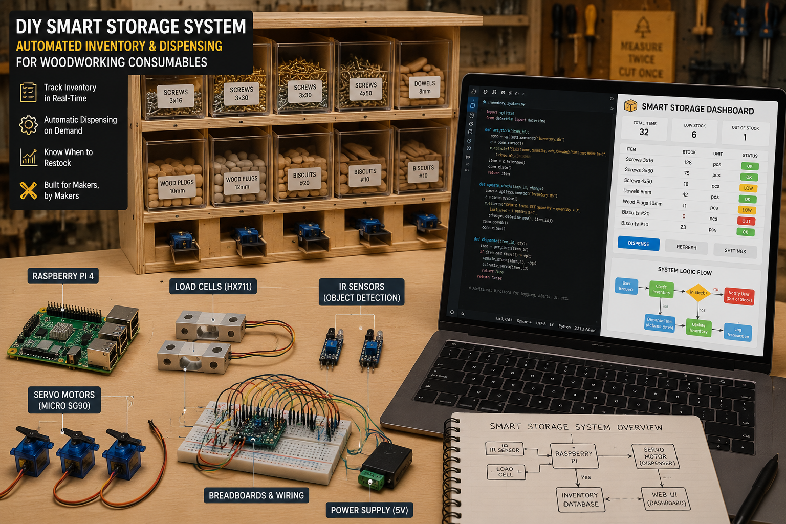 () image showcasing the hardware and software components for Building a DIY Smart Storage System for Woodworking