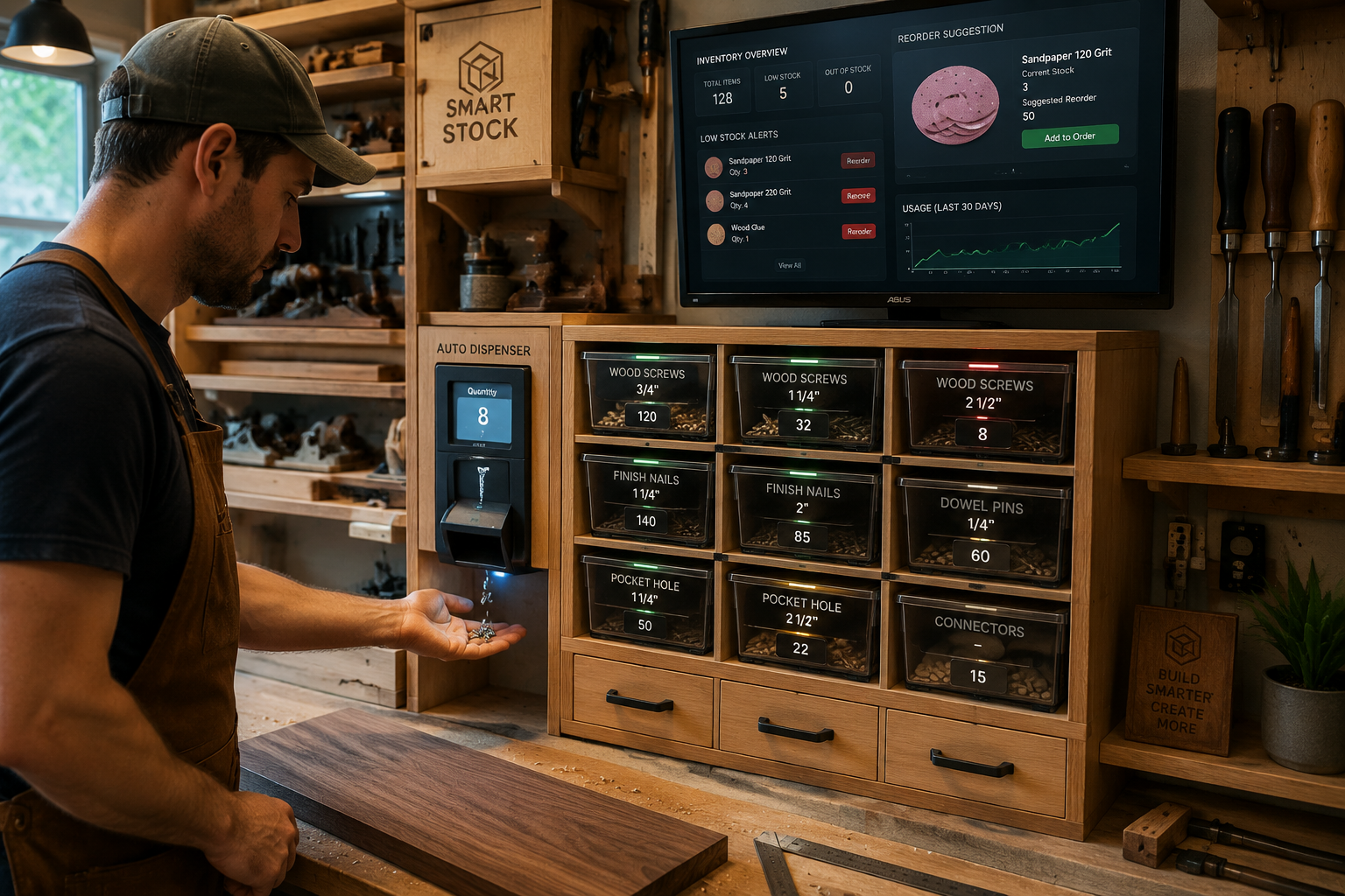 () image depicting the practical implementation and future upgrades of a DIY smart storage system in an active woodworking