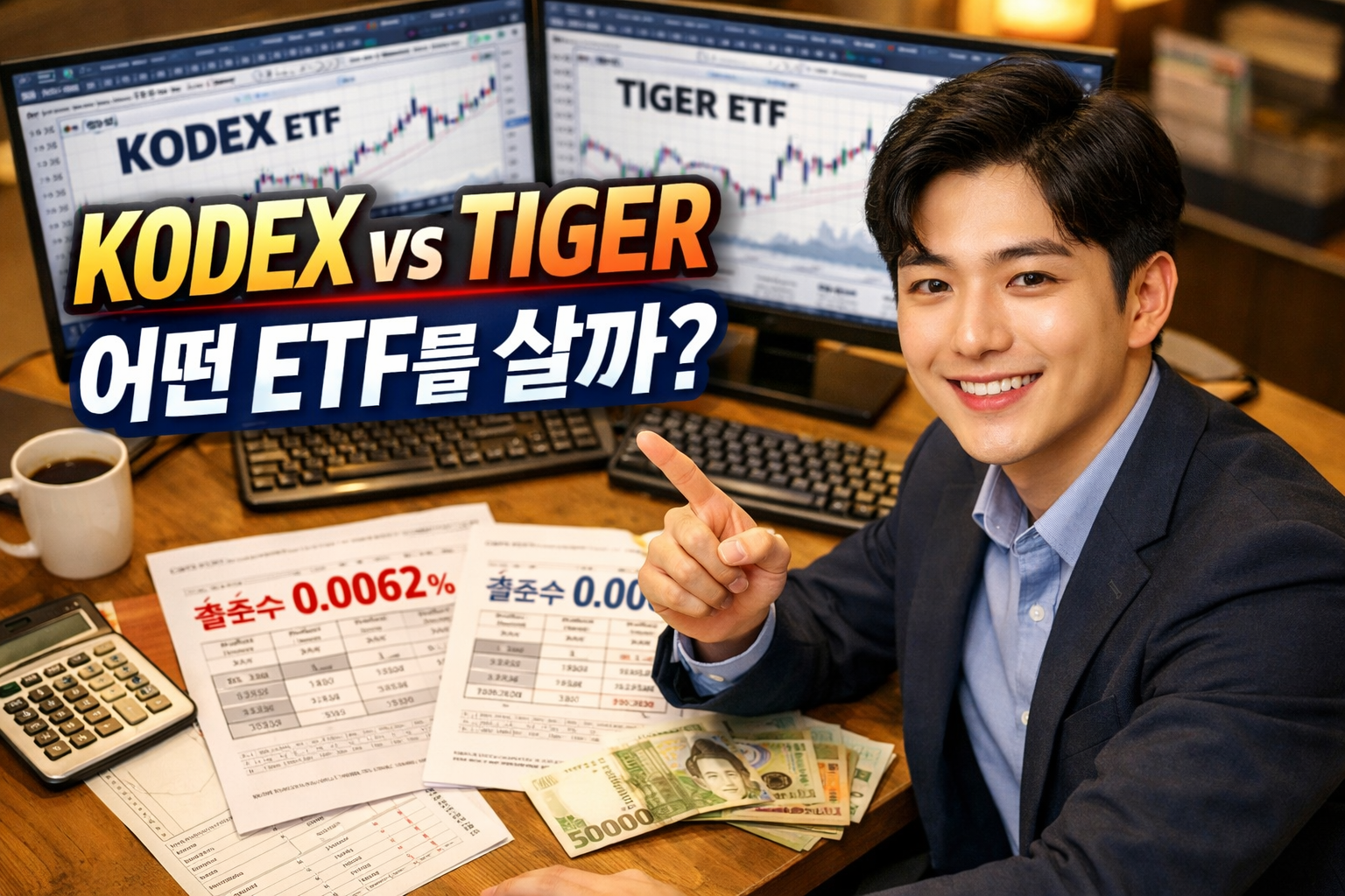 Wide-angle overhead shot of Korean investor's desk with dual monitor setup showing KODEX and TIGER ETF comparison charts