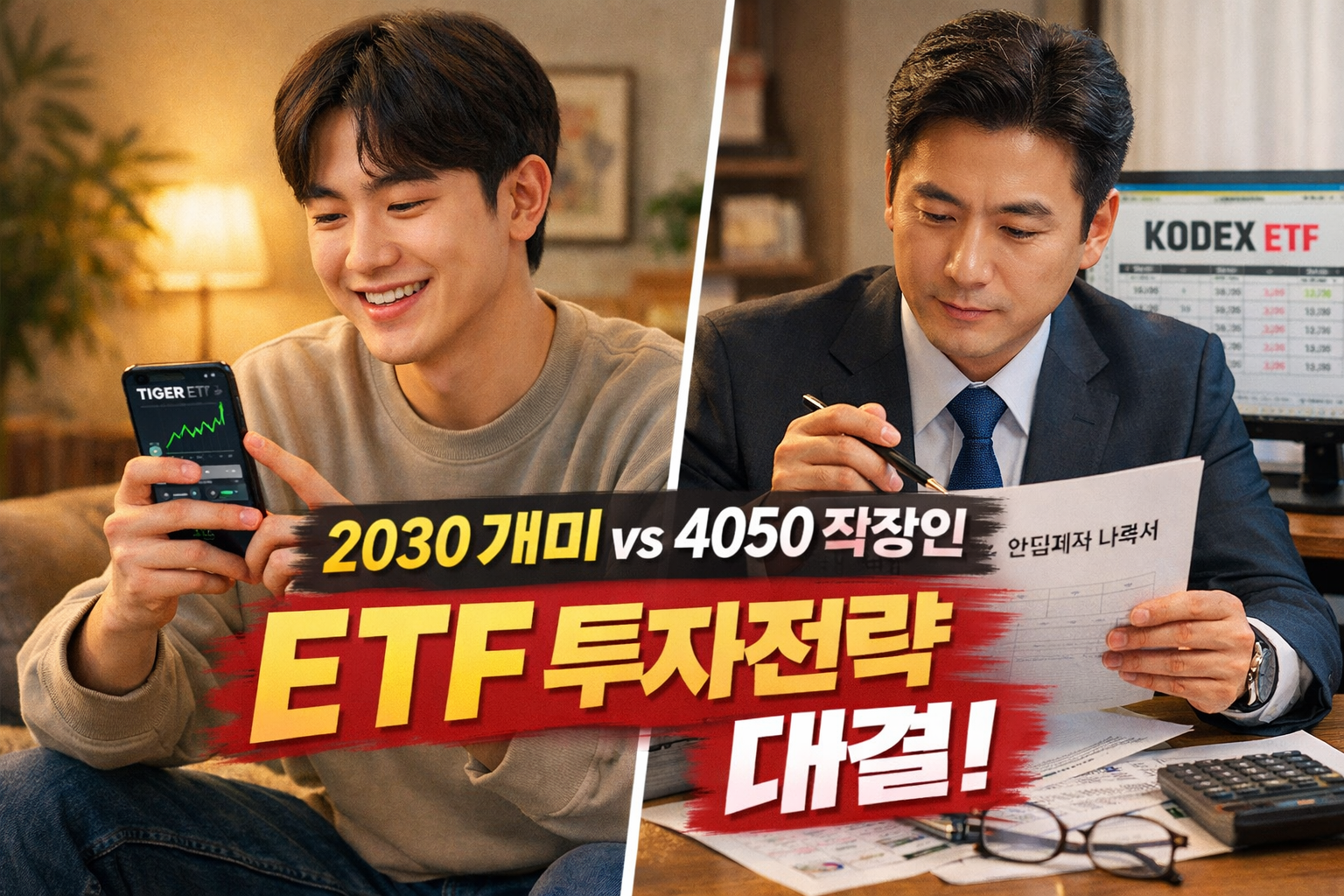 Split composition showing two distinct investor personas side by side: left panel shows young Korean millennial investor in