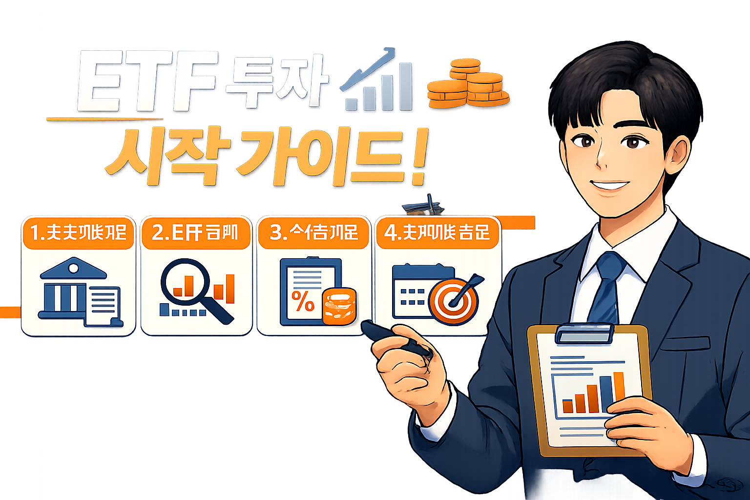 Step-by-step visual checklist infographic in Korean showing ETF 투자 시작 가이드 process: numbered steps 1-5 with icons for 증권계좌