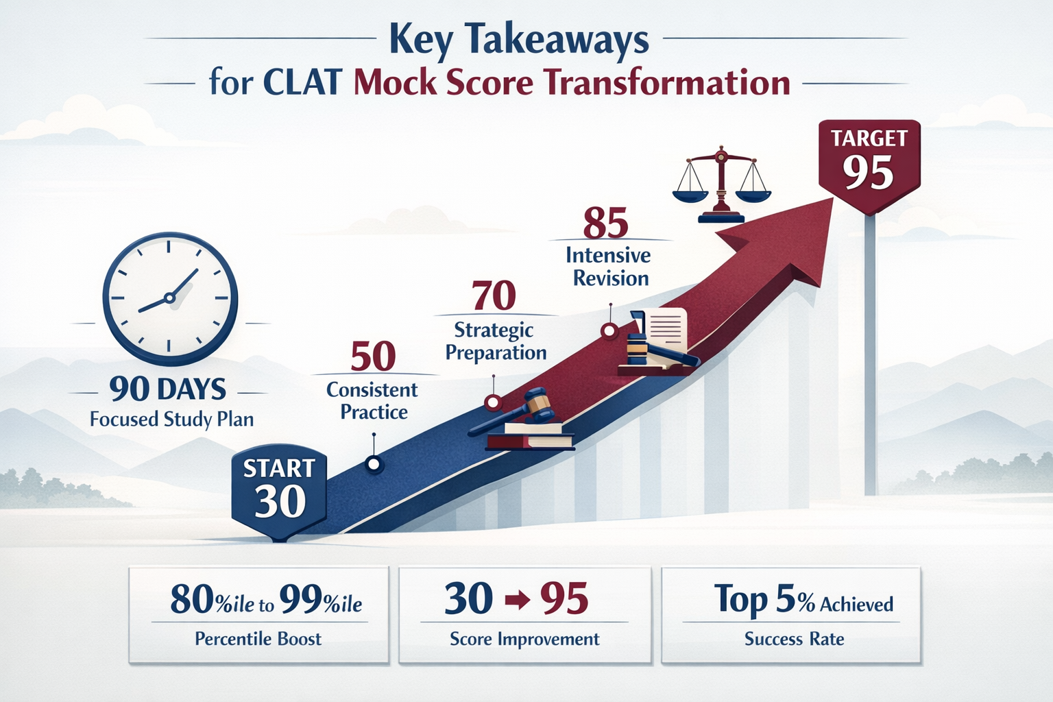 Landscape editorial-style infographic visualizing 'Key Takeaways' for CLAT mock score transformation, featuring a stylized roadmap from 30 t