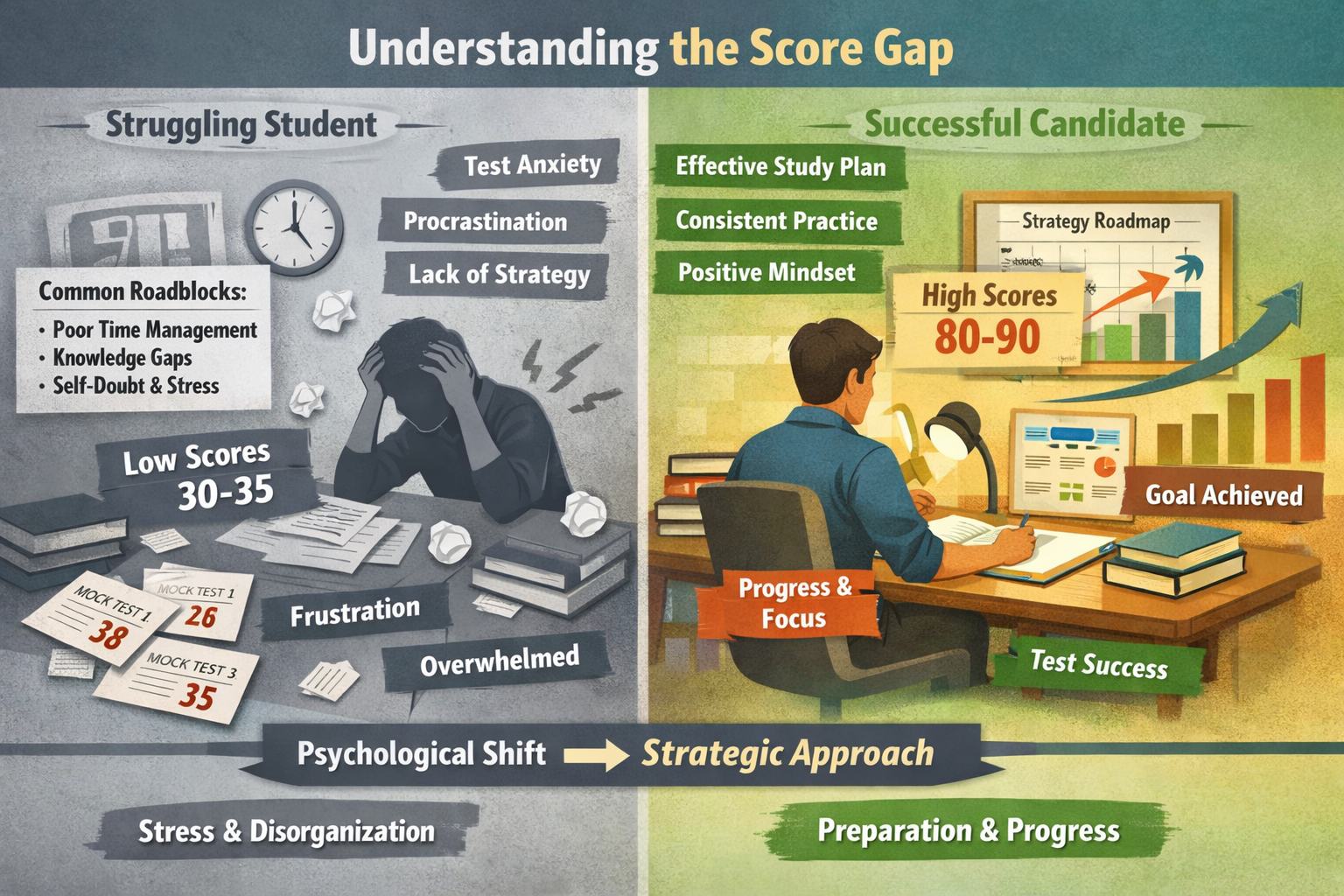 Diagnostic visualization exploring 'Understanding the Score Gap' with split-screen comparative analysis. Left side depicts struggling studen