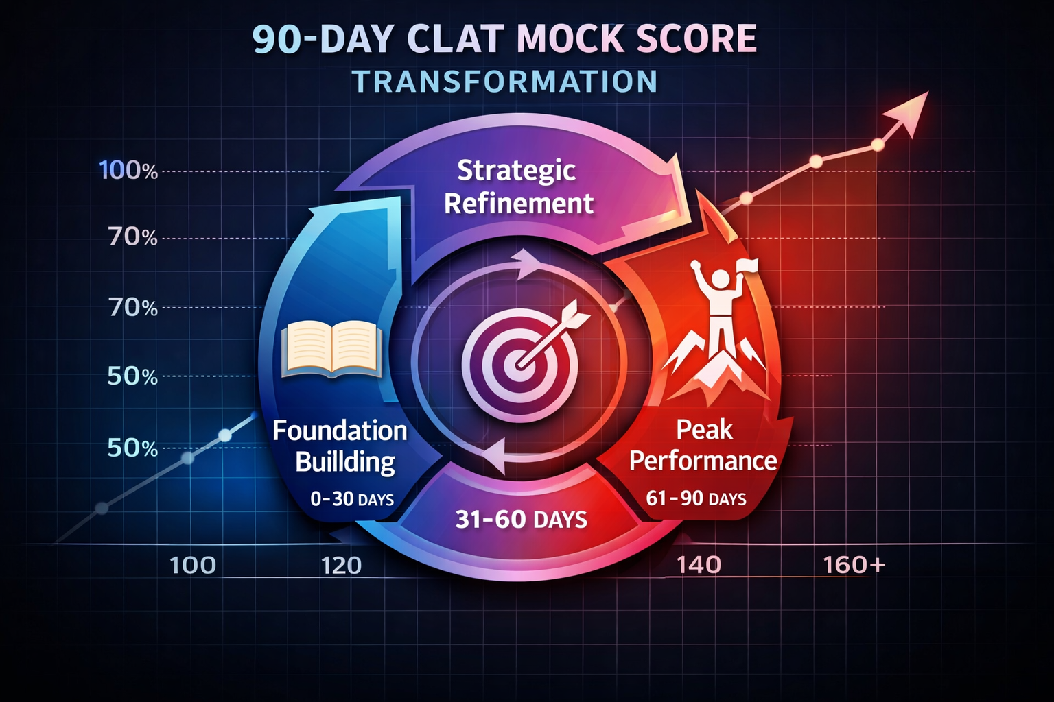 Dynamic 90-day transformation framework visualization representing 'Three Distinct Phases' of CLAT mock score improvement. Circular progress