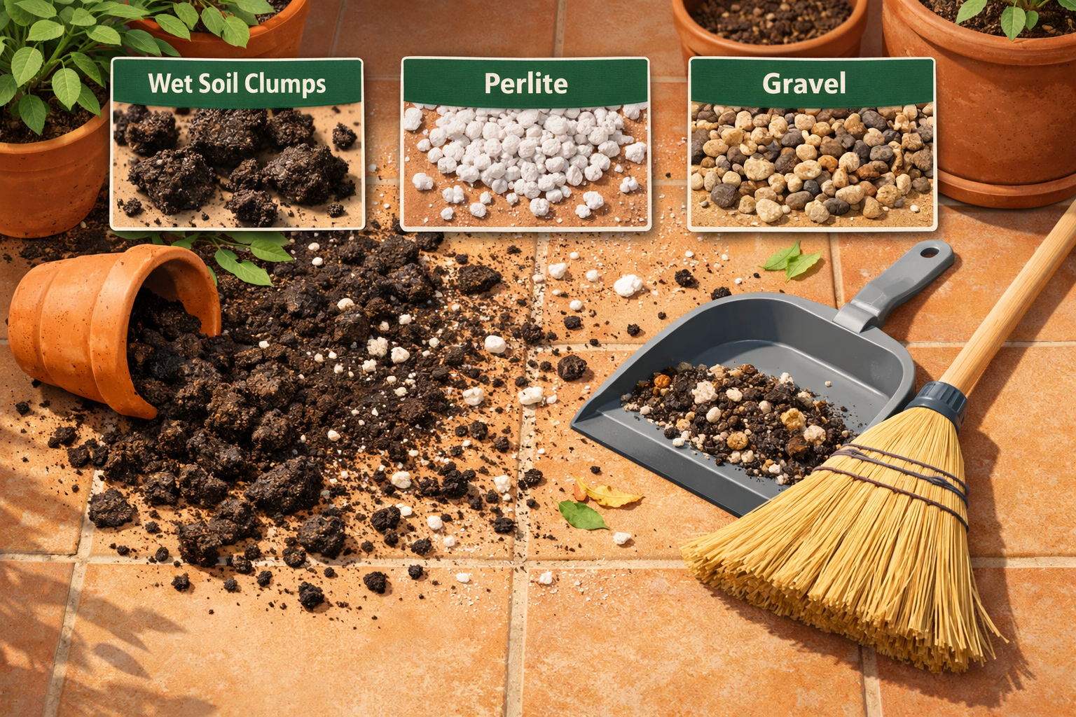 () editorial illustration showing a close-up bird's-eye view of a balcony floor with scattered potting soil, pebbles, and