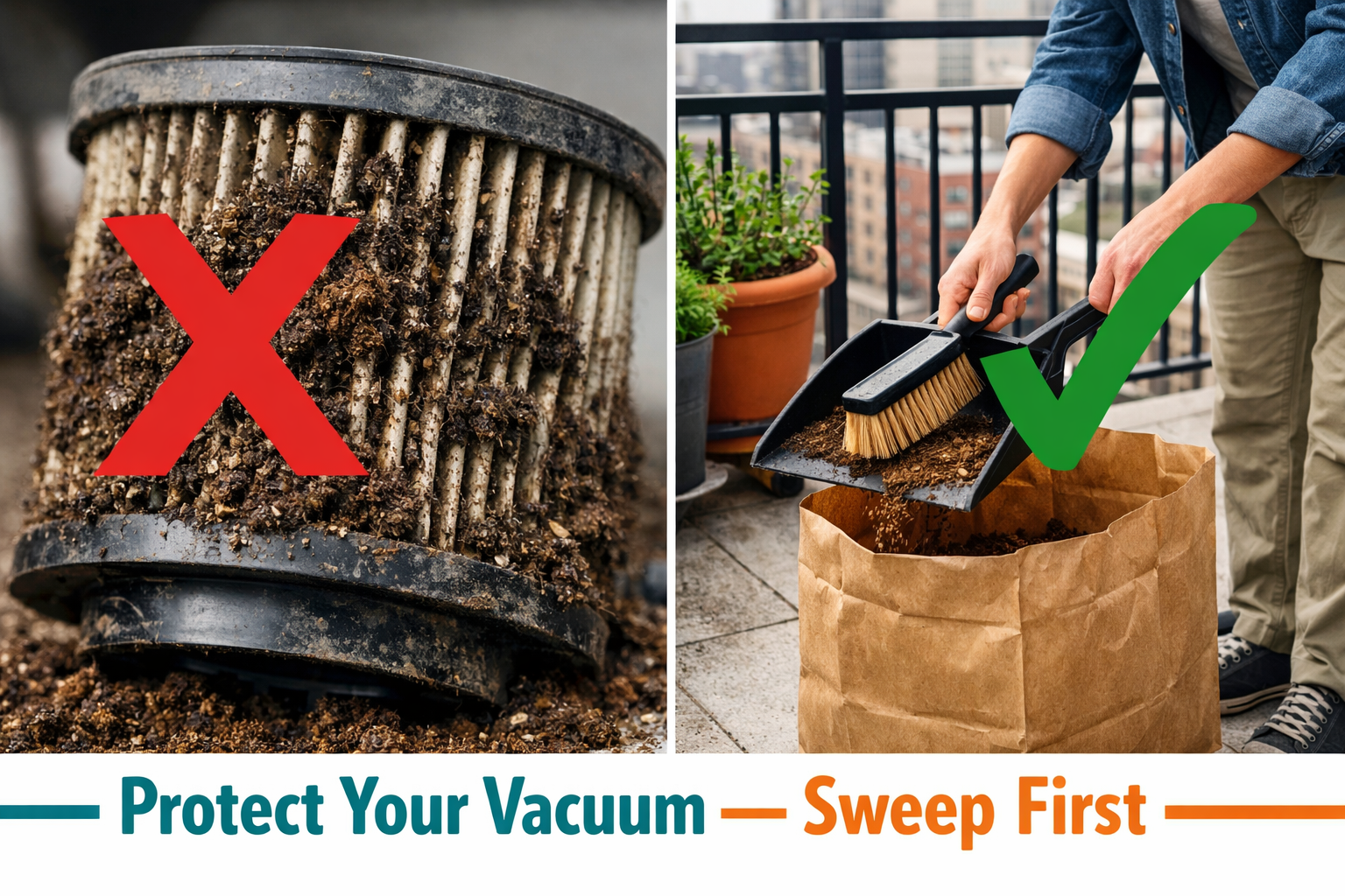 () showing a split-scene comparison: left side depicts a clogged, damaged vacuum filter coated in moist potting soil and