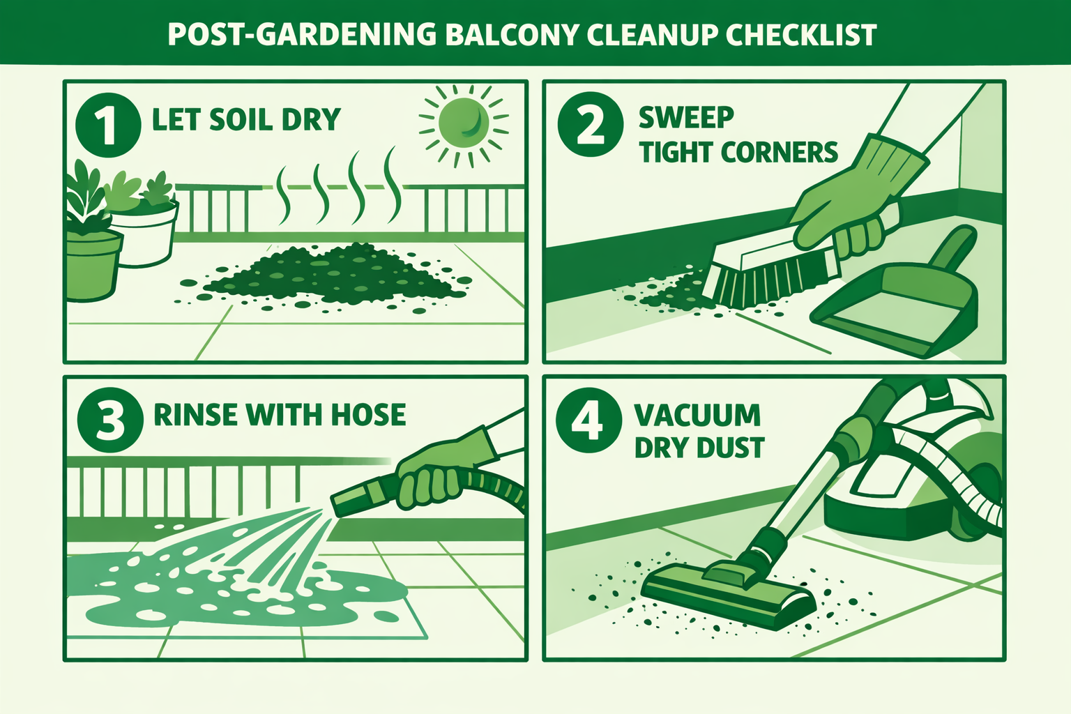 () step-by-step visual checklist graphic for balcony post-gardening cleanup, showing four numbered panels in a 2x2 grid: