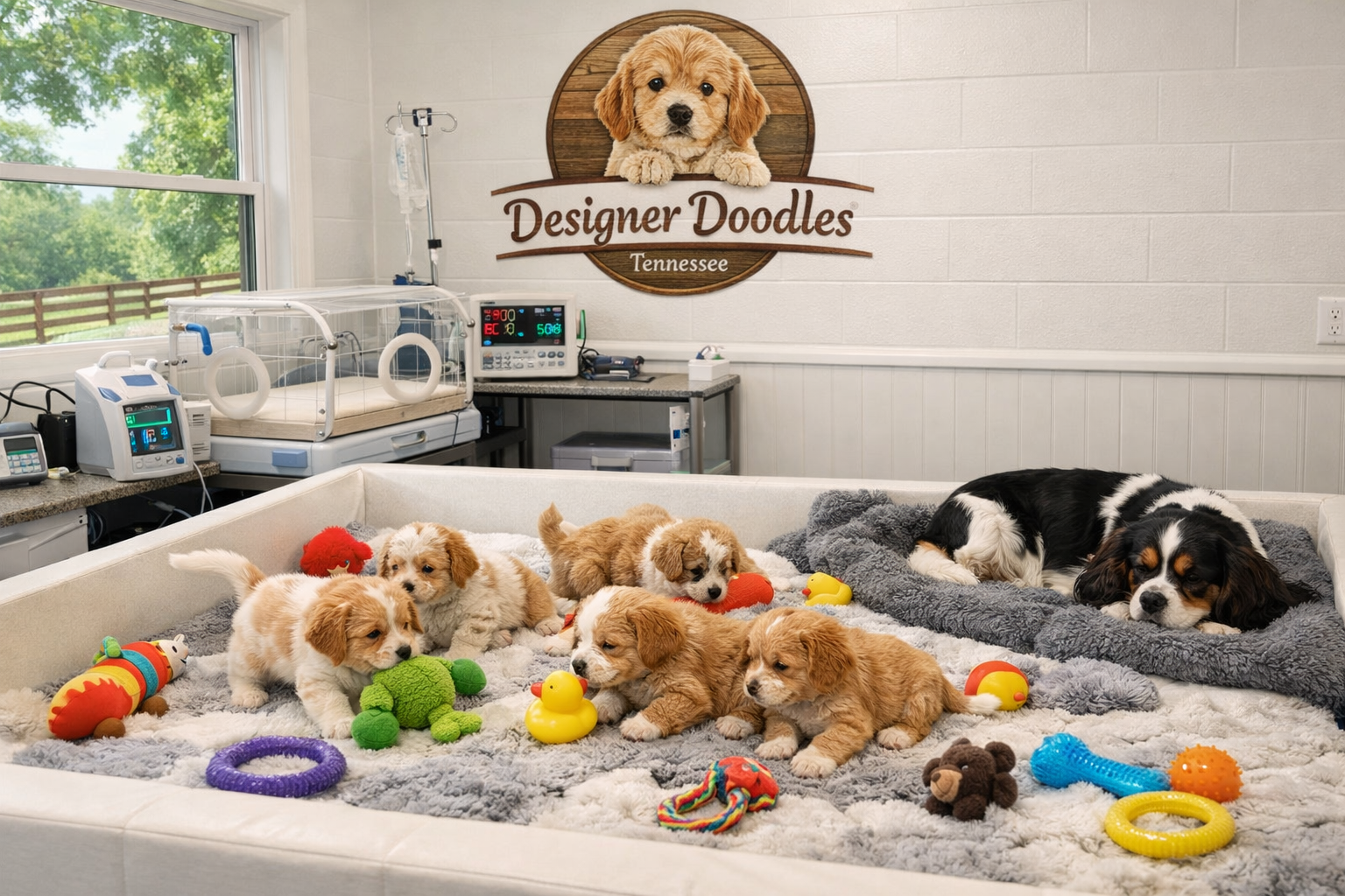 Detailed landscape image (1536x1024) showing professional whelping room at Designer Doodles breeding facility with Designer Doodles logo on