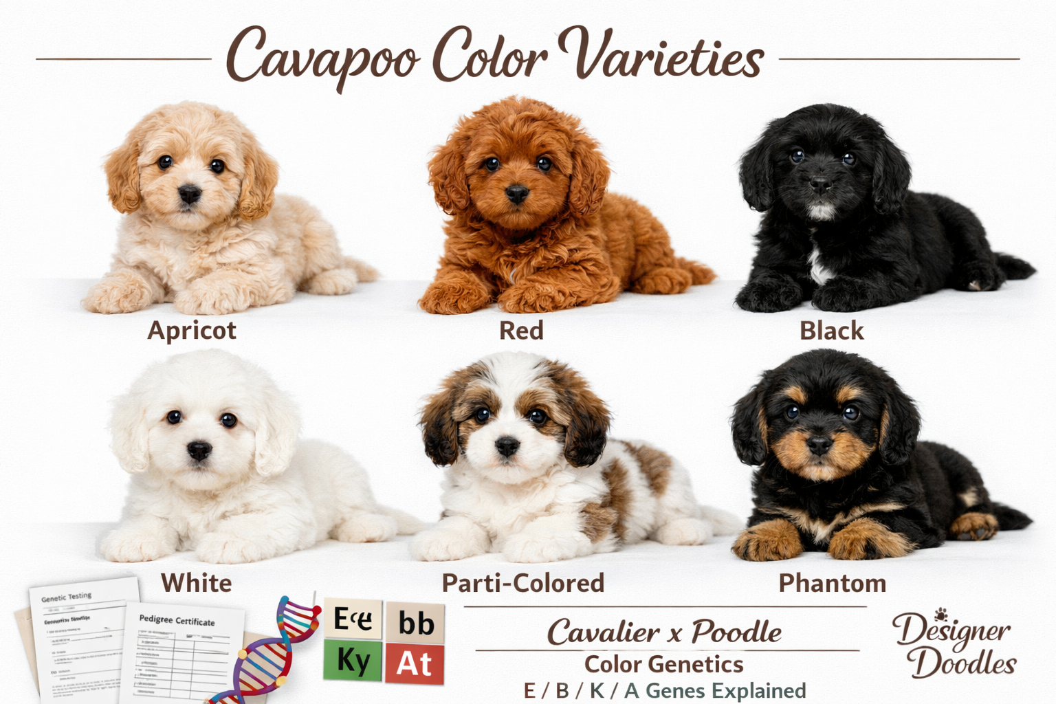 Landscape infographic image (1536x1024) displaying Cavapoo color varieties chart with actual puppy photos: apricot Cavapoo with wavy coat, r