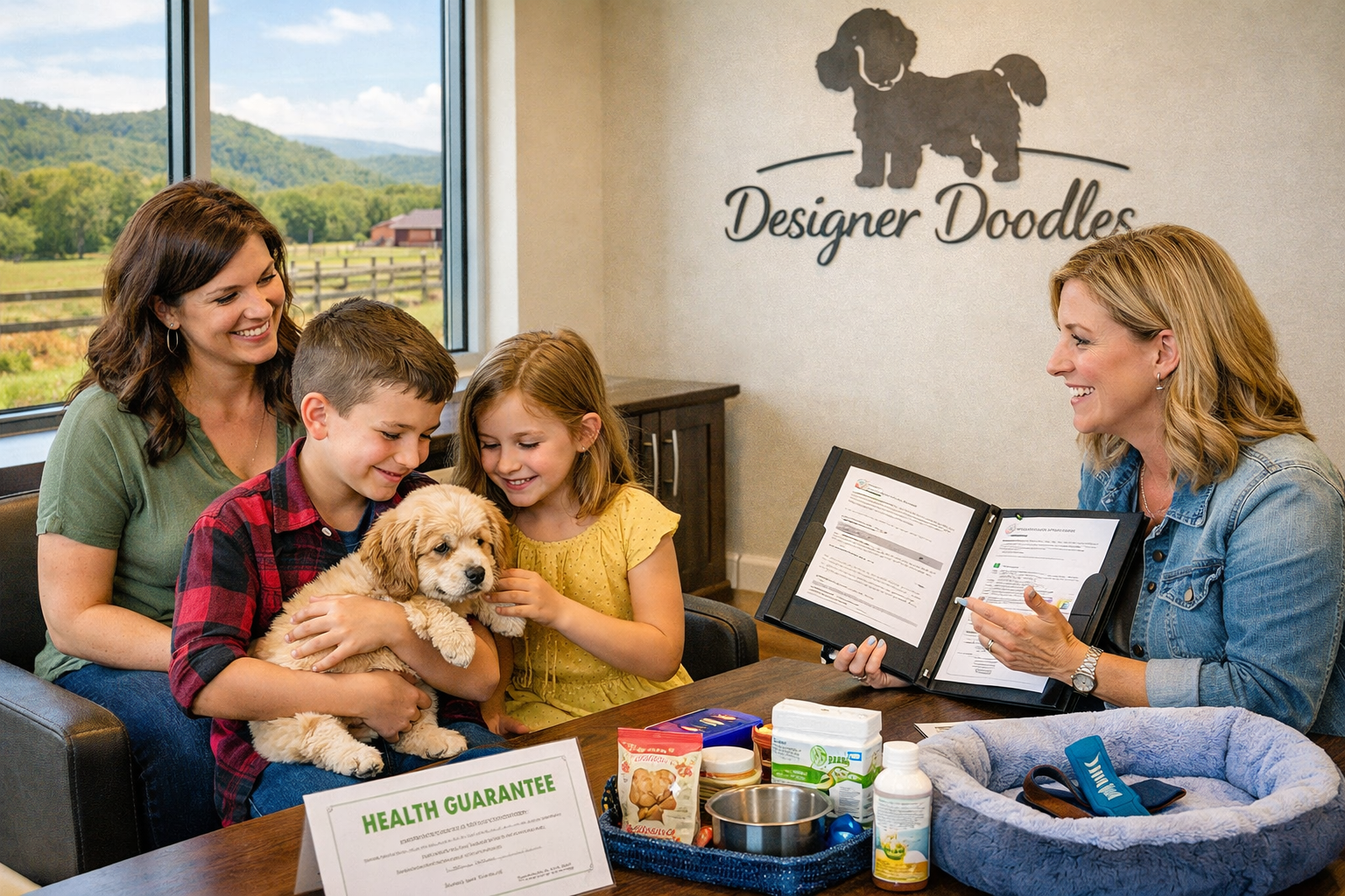 Detailed landscape image (1536x1024) showing Tennessee family meeting their new Cavapoo puppy at Designer Doodles facility, happy children g