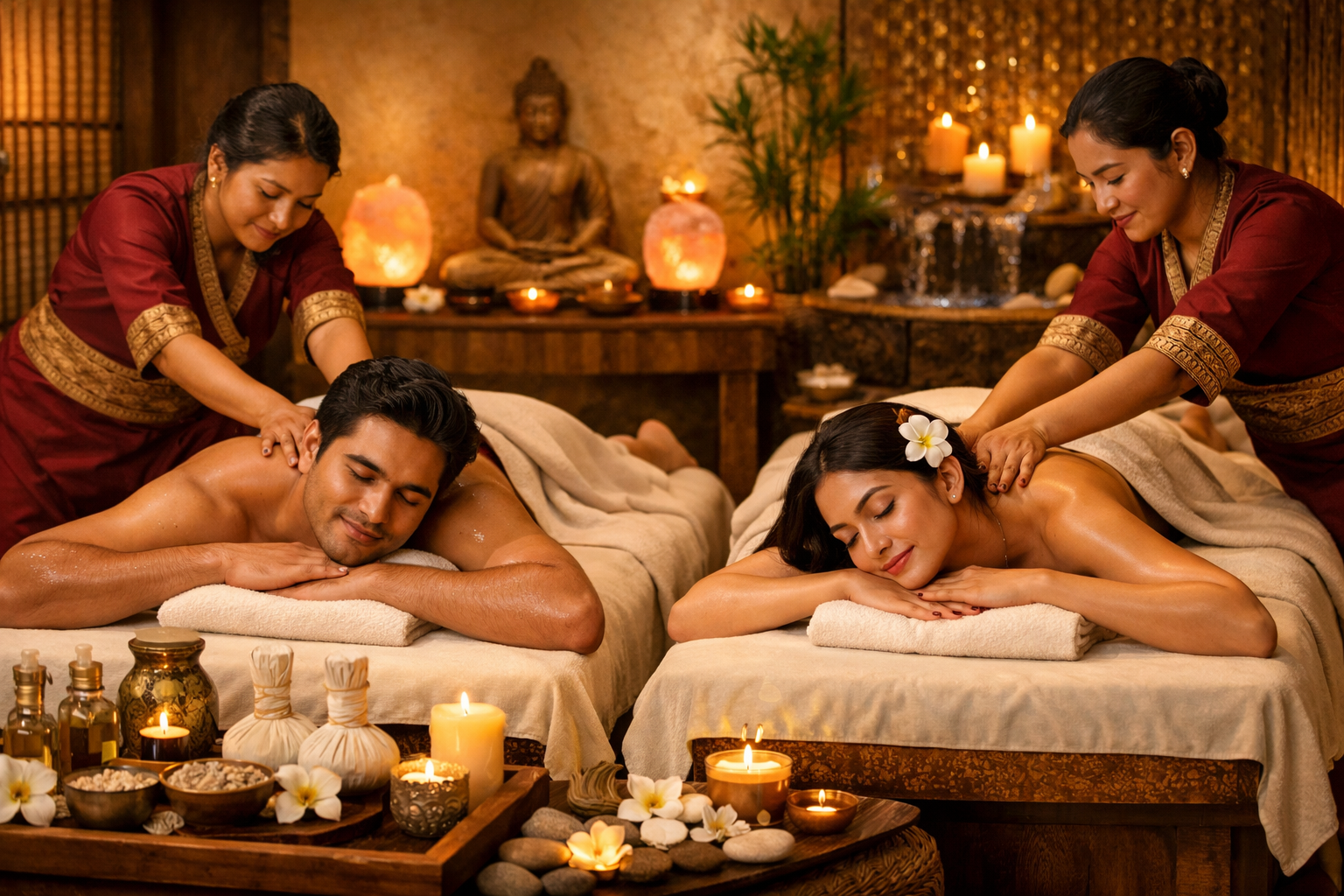 Landscape format (1536x1024) image showing bride and groom receiving synchronized couple massage therapy on heated beds in luxury spa settin