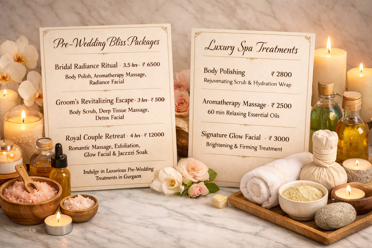 Landscape format (1536x1024) image displaying elegant spa treatment menu and packages laid out on marble surface, featuring body polishing t