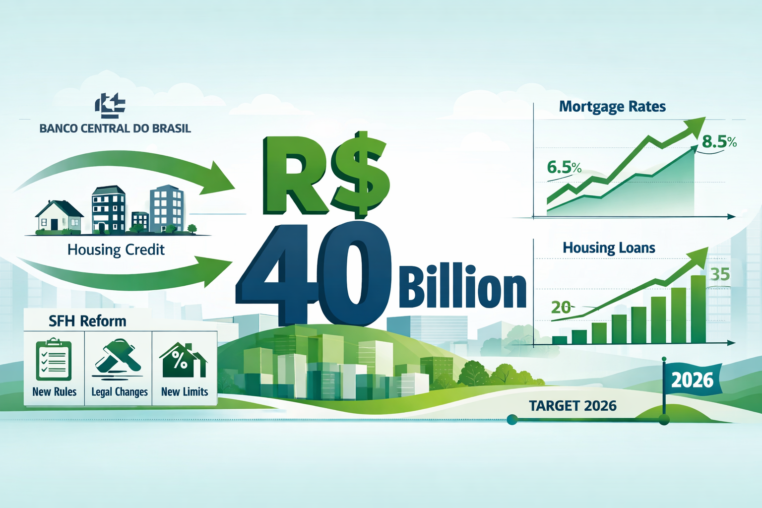 Wide-angle infographic-style landscape image () showing a large Brazilian Real currency symbol (R$) with '40 Billion' label,