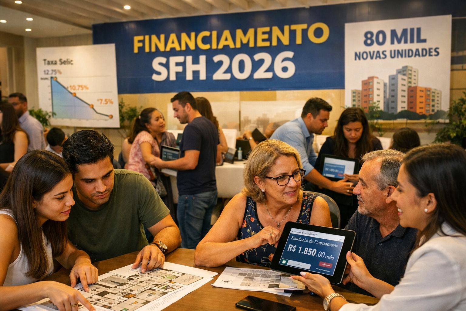 Street-level dynamic shot () of a Brazilian real estate sales stand or launch event — prospective buyers reviewing floor