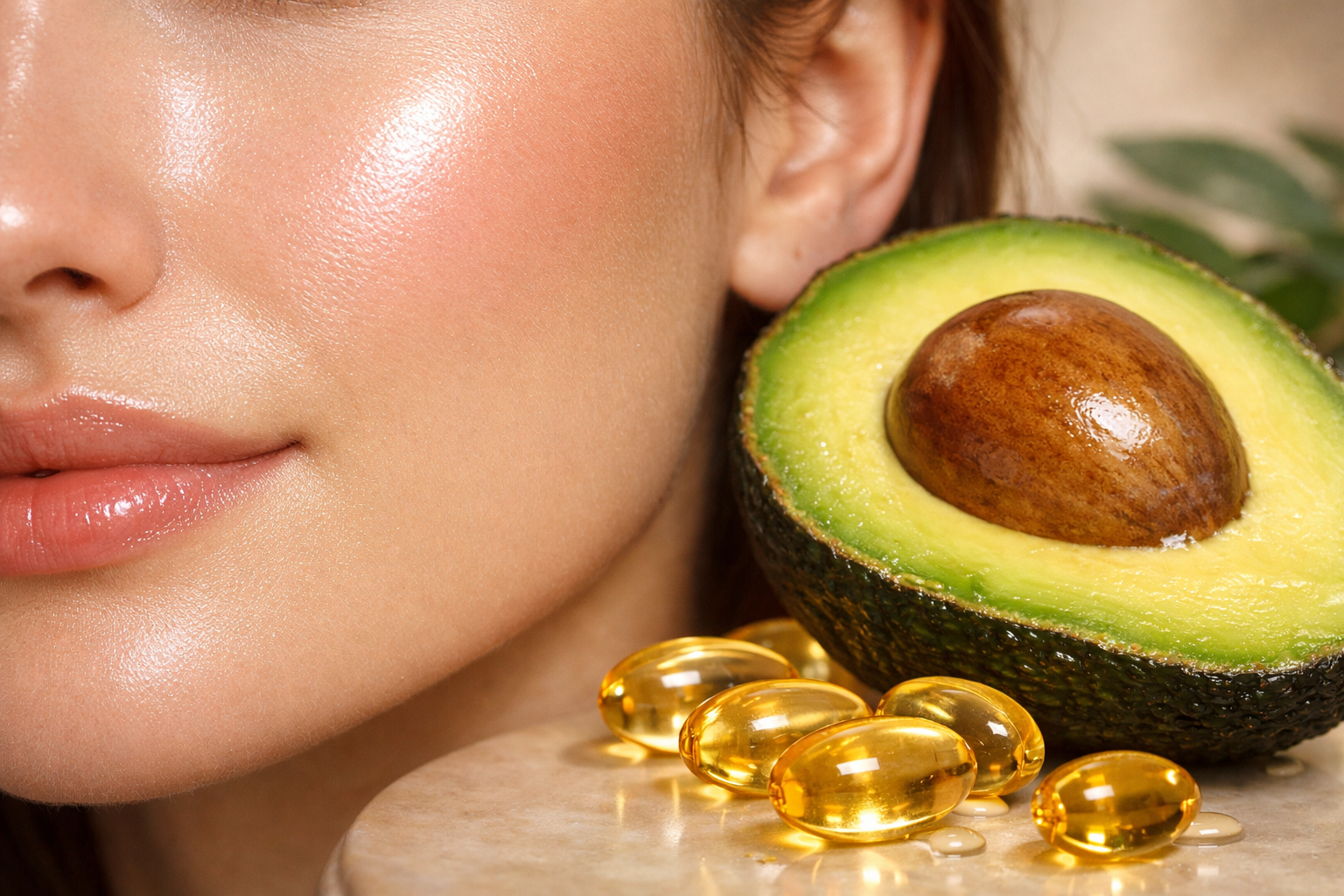 Avocado Benefits, Realistic close-up of glowing, hydrated skin beside a halved avocado and vitamin E capsules, with soft studio lighting