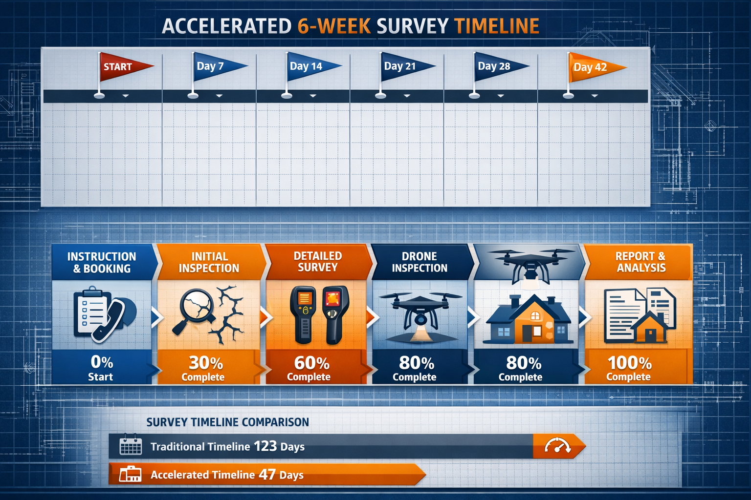 () detailed infographic showing accelerated 6-week survey timeline flowchart with color-coded stages from instruction to