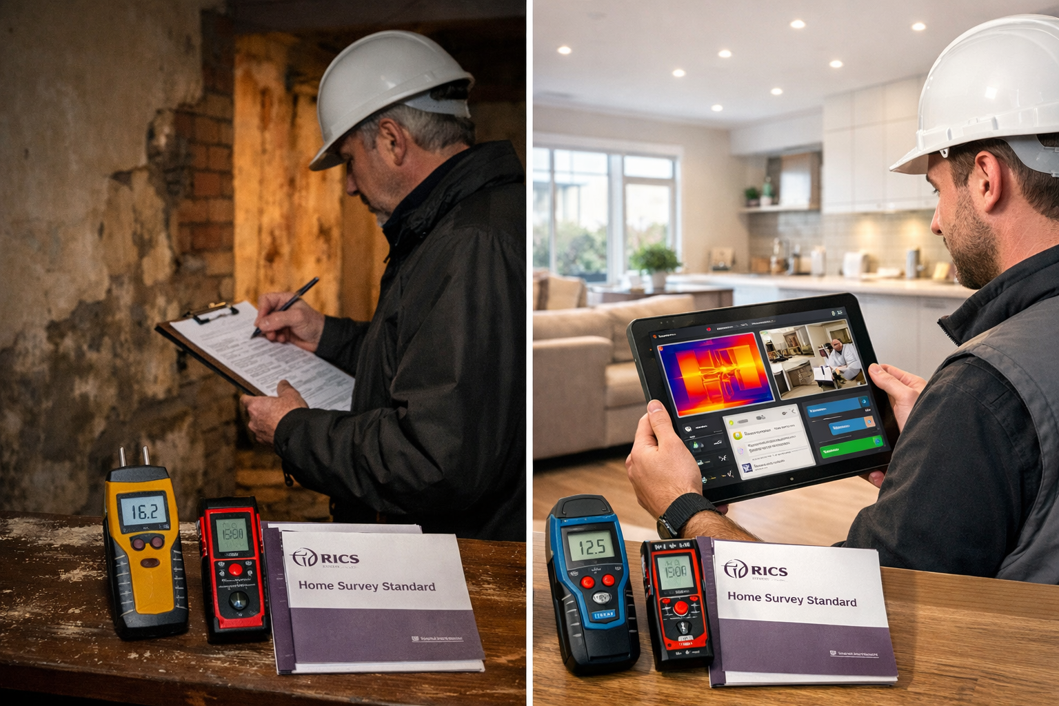 () split-screen comparison photograph showing traditional paper-based survey process on left side with surveyor writing