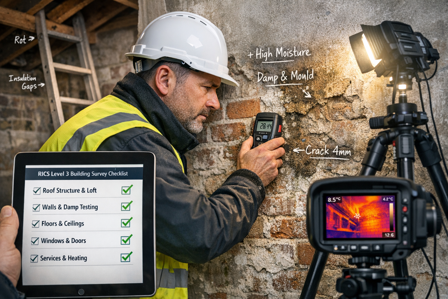() professional photograph of comprehensive RICS Level 3 building survey inspection in progress showing chartered surveyor