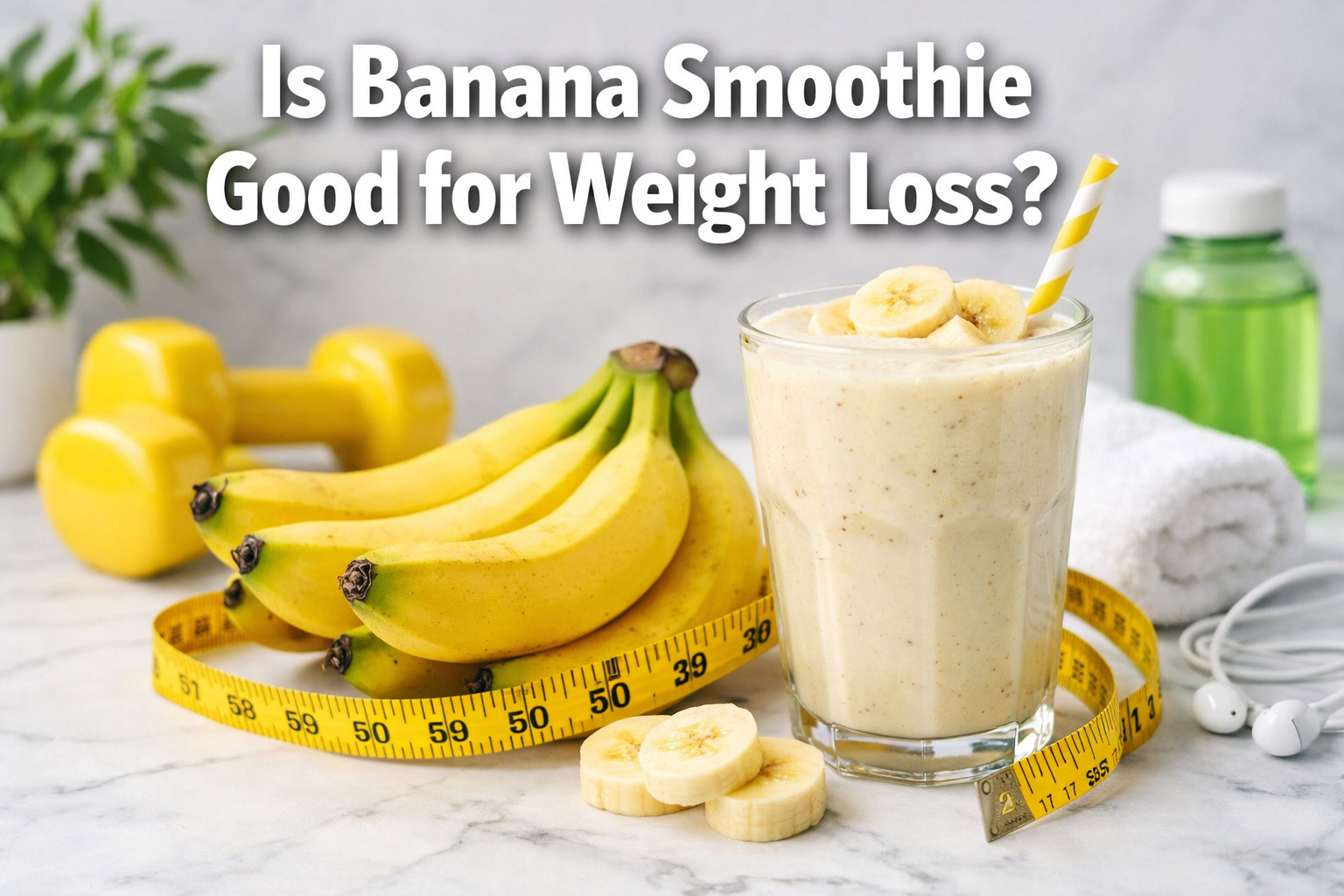 Professional landscape hero image (1536x1024) featuring bold text overlay 'Is Banana Smoothie Good for Weight Loss?' in extra large 72pt whi