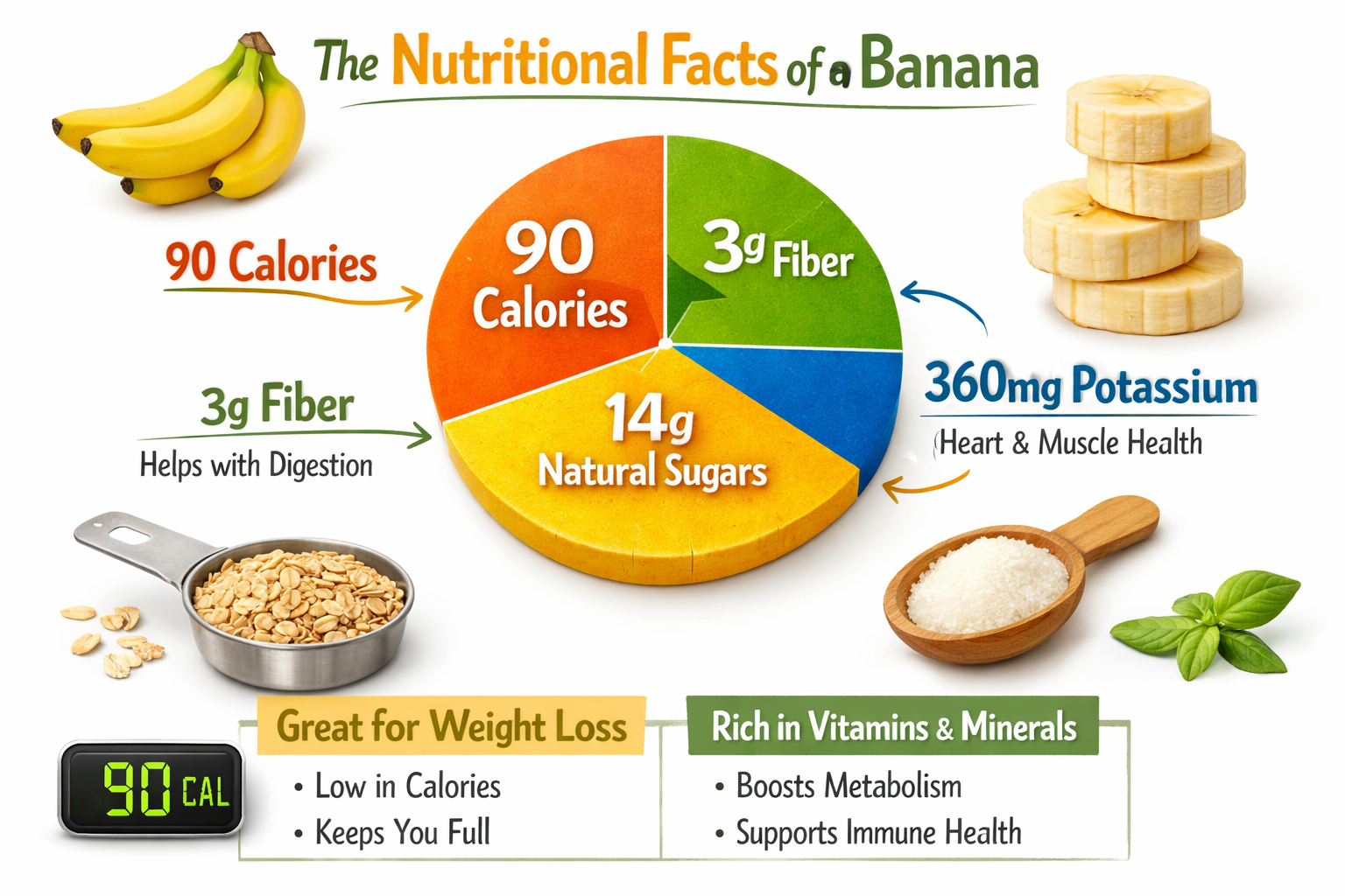 Detailed infographic showing banana nutritional breakdown with colorful pie chart displaying calories, fiber, potassium, and natural sugars.