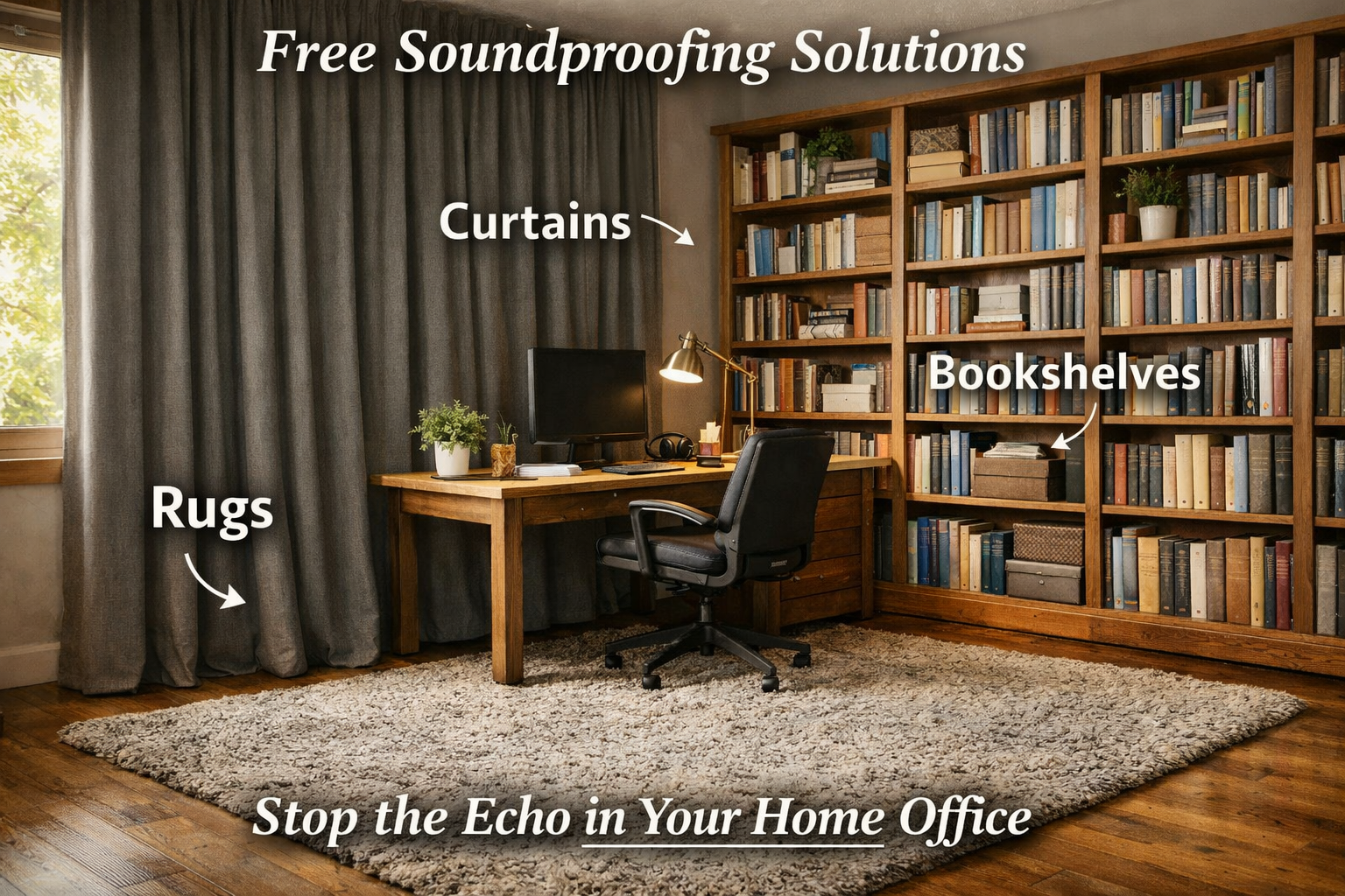 Editorial landscape image (1536x1024) illustrating various household items effectively dampening sound in a home office. This includes a thi