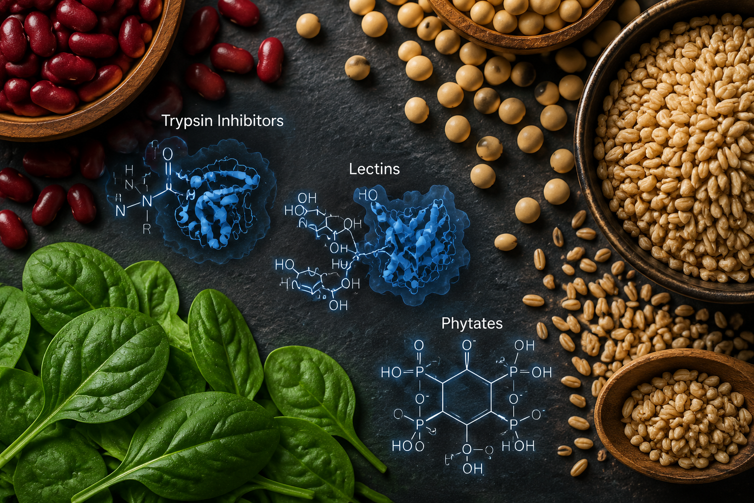 Close-up overhead flat-lay of raw kidney beans, soybeans, raw spinach leaves, and whole grains arranged on a dark slate