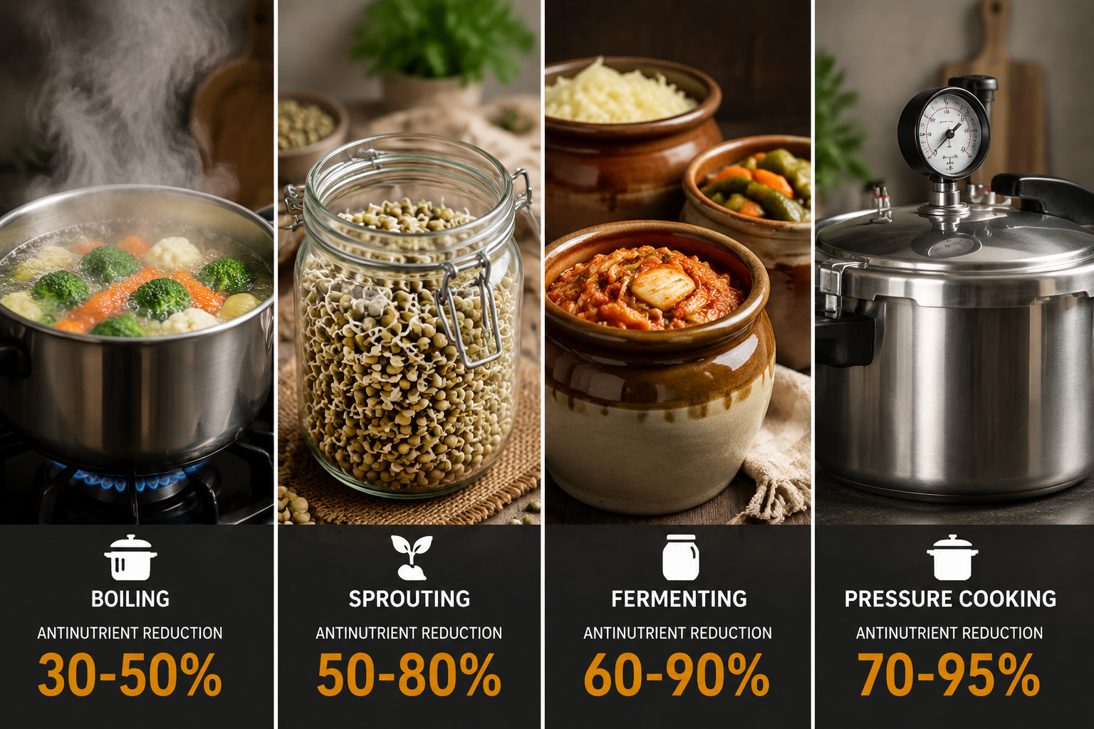 Split-panel infographic-style landscape image showing four food preparation methods side by side: boiling vegetables in a