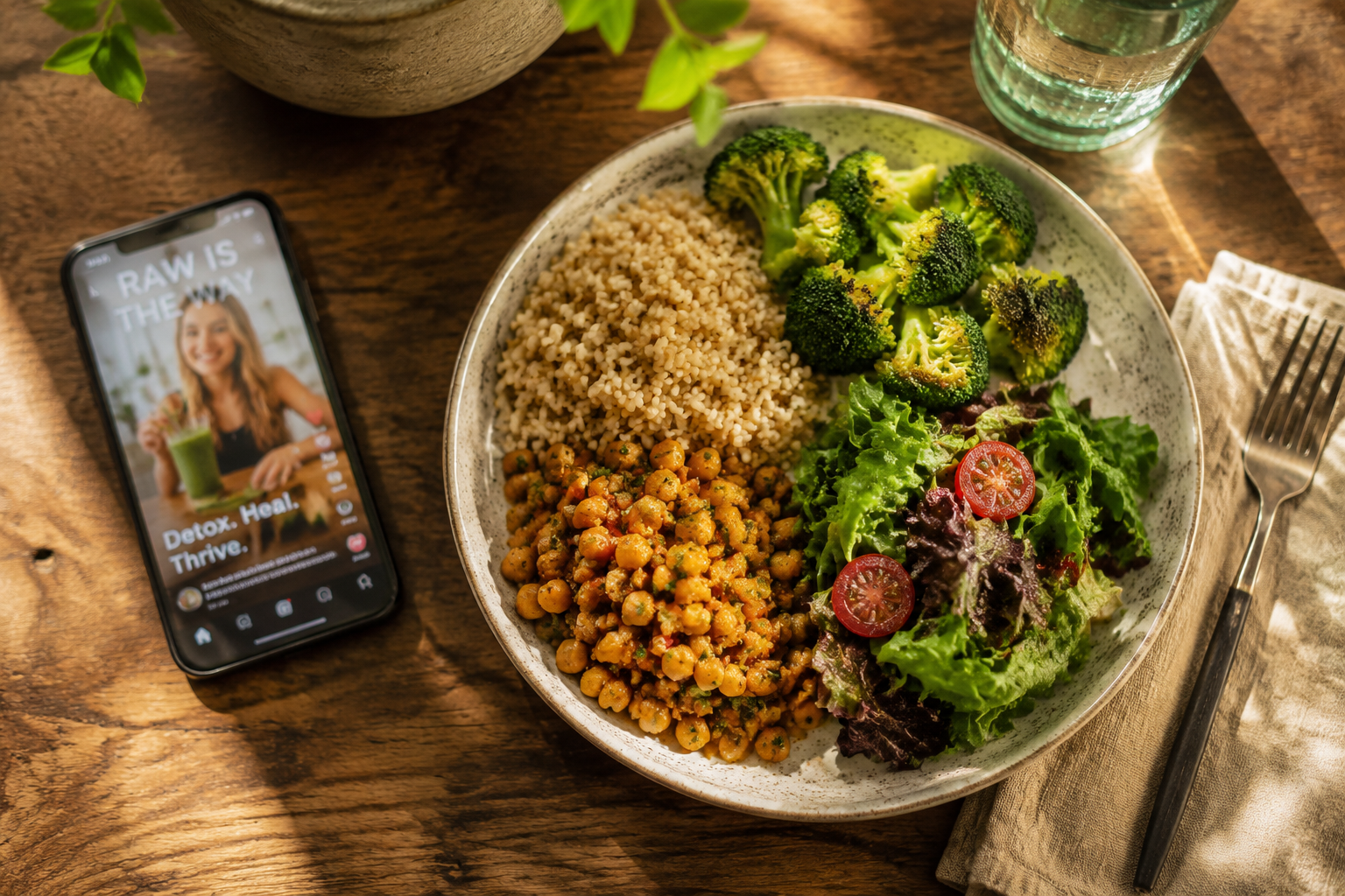 Overhead view of a balanced meal plate featuring cooked legumes, lightly steamed broccoli, cooked whole grains, and a small