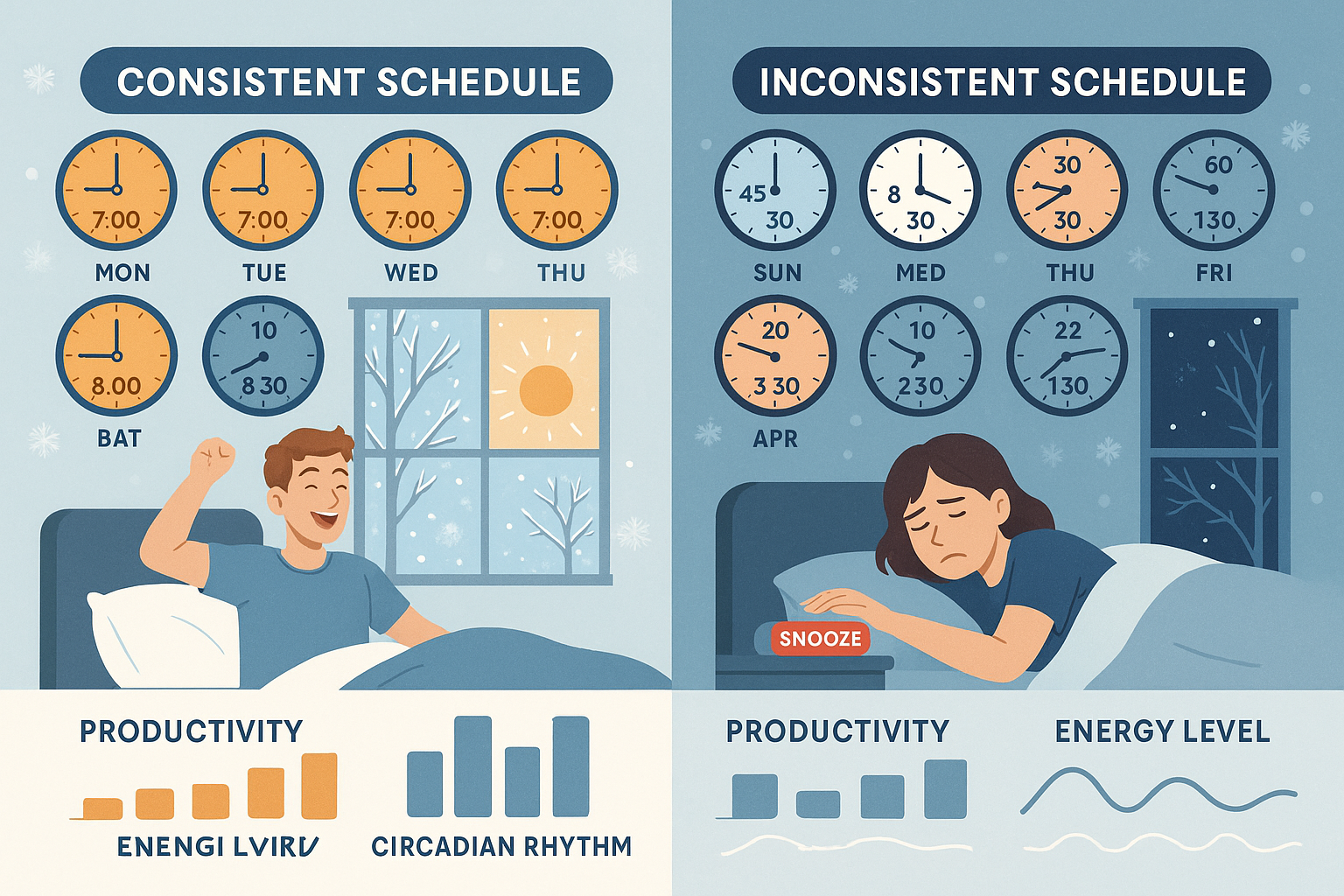 Detailed landscape illustration (1536x1024) showing visual comparison of consistent versus inconsistent sleep schedules with two side-by-sid