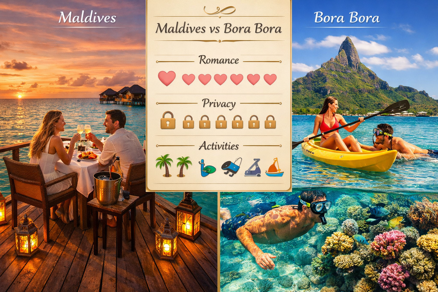Detailed landscape editorial image (1536x1024) showing side-by-side comparison of Maldives and Bora Bora romantic experiences. Left panel: c