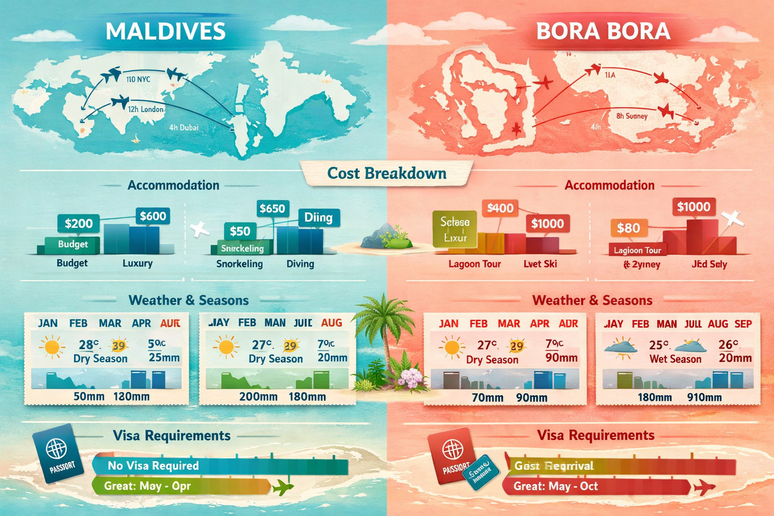 Comprehensive landscape infographic image (1536x1024) displaying practical beach trip planning comparison between Maldives and Bora Bora. Vi