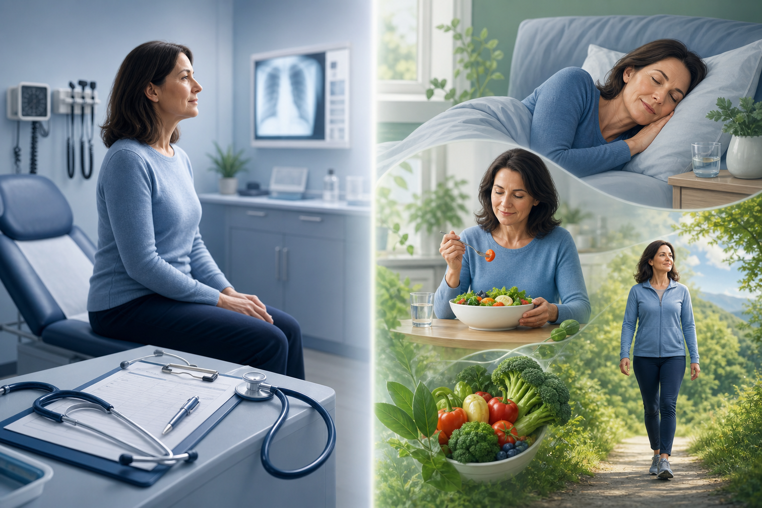Detailed () editorial image showing a split-screen composition: left side features a calm doctor's office with a clipboard