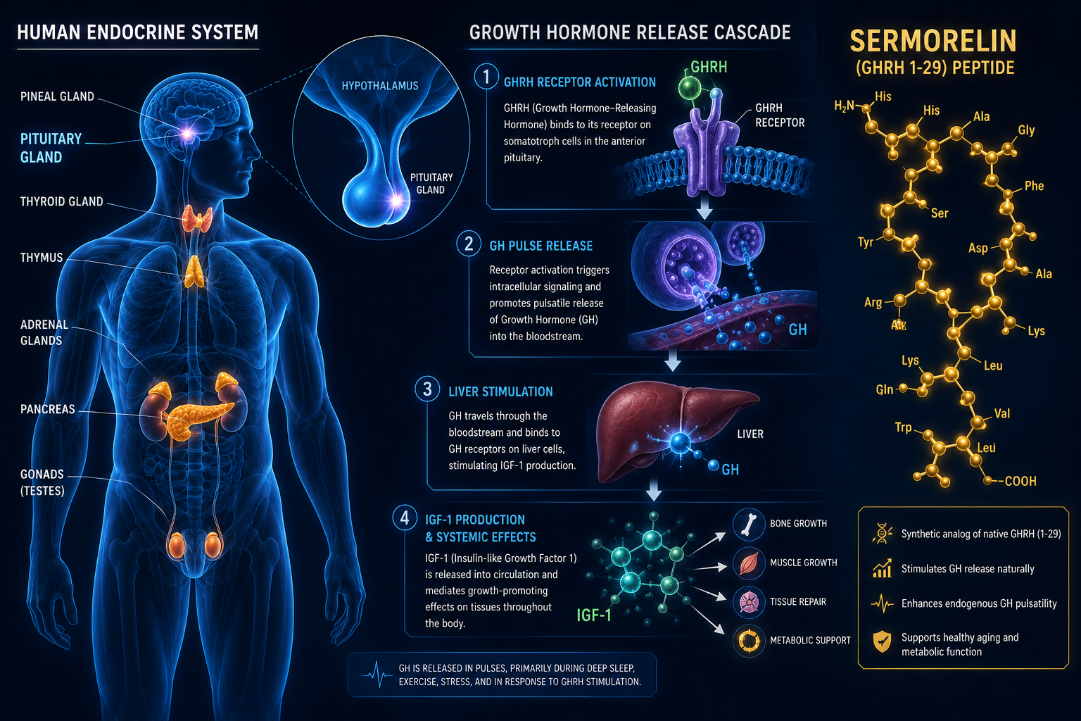 Detailed () scientific illustration showing the human endocrine system and pituitary gland highlighted in glowing blue, with