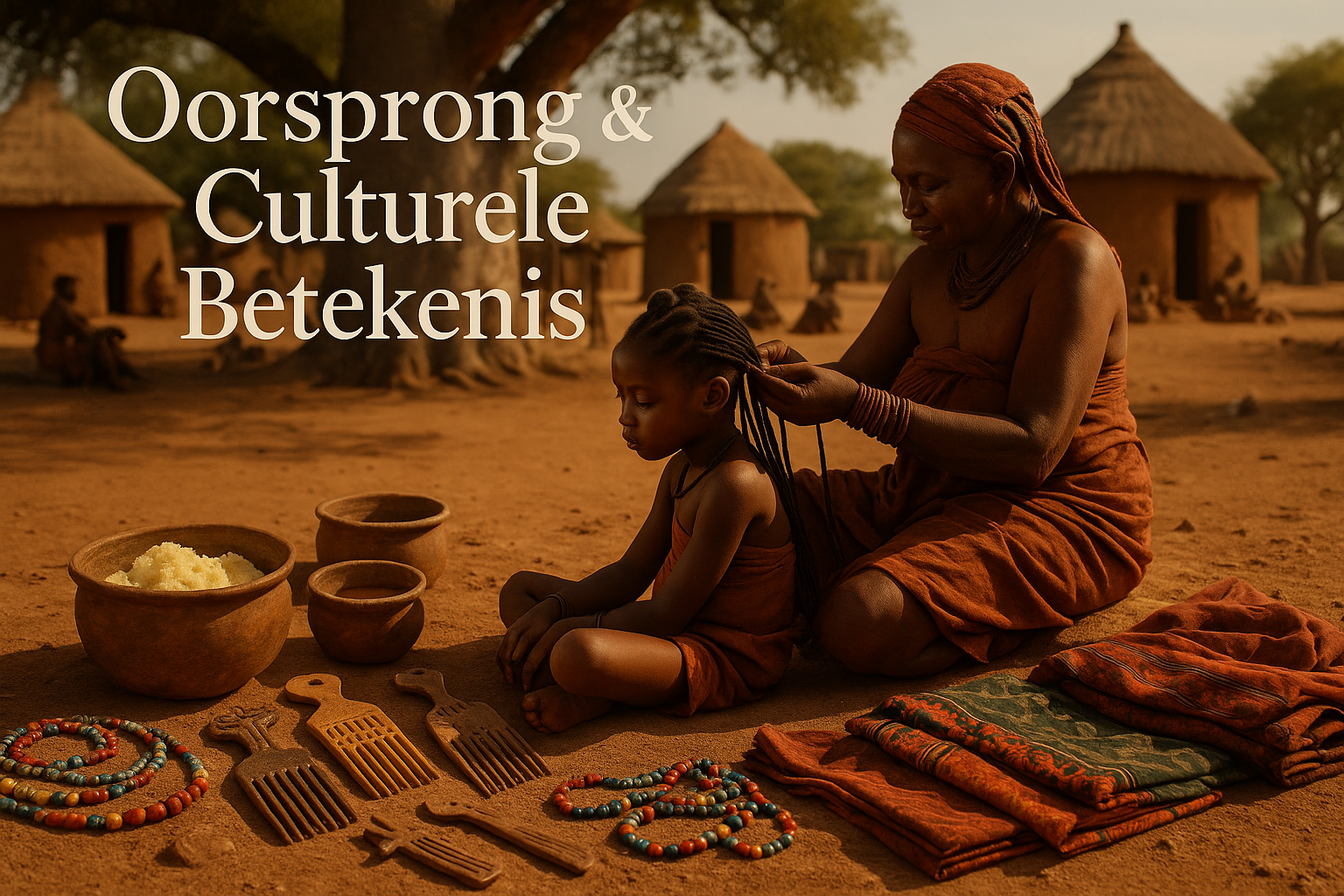 De Geschiedenis van Afrikaans Haar: Een Reis Door Tijd, Cultuur en Identiteit 1 Detailed landscape editorial image (1536x1024) showing ancient African village scene with women performing traditional hair braiding rituals