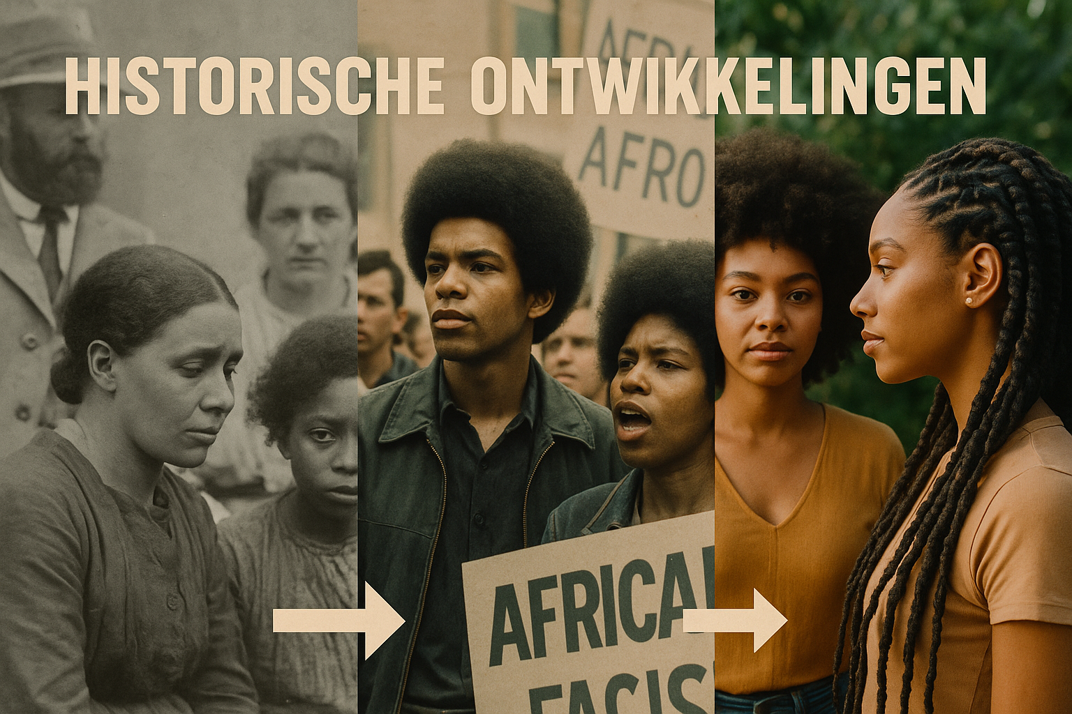 De Geschiedenis van Afrikaans Haar: Een Reis Door Tijd, Cultuur en Identiteit 2 Detailed landscape image (1536x1024) depicting evolution of Afrikaans hair through different historical periods, split into three vertical p