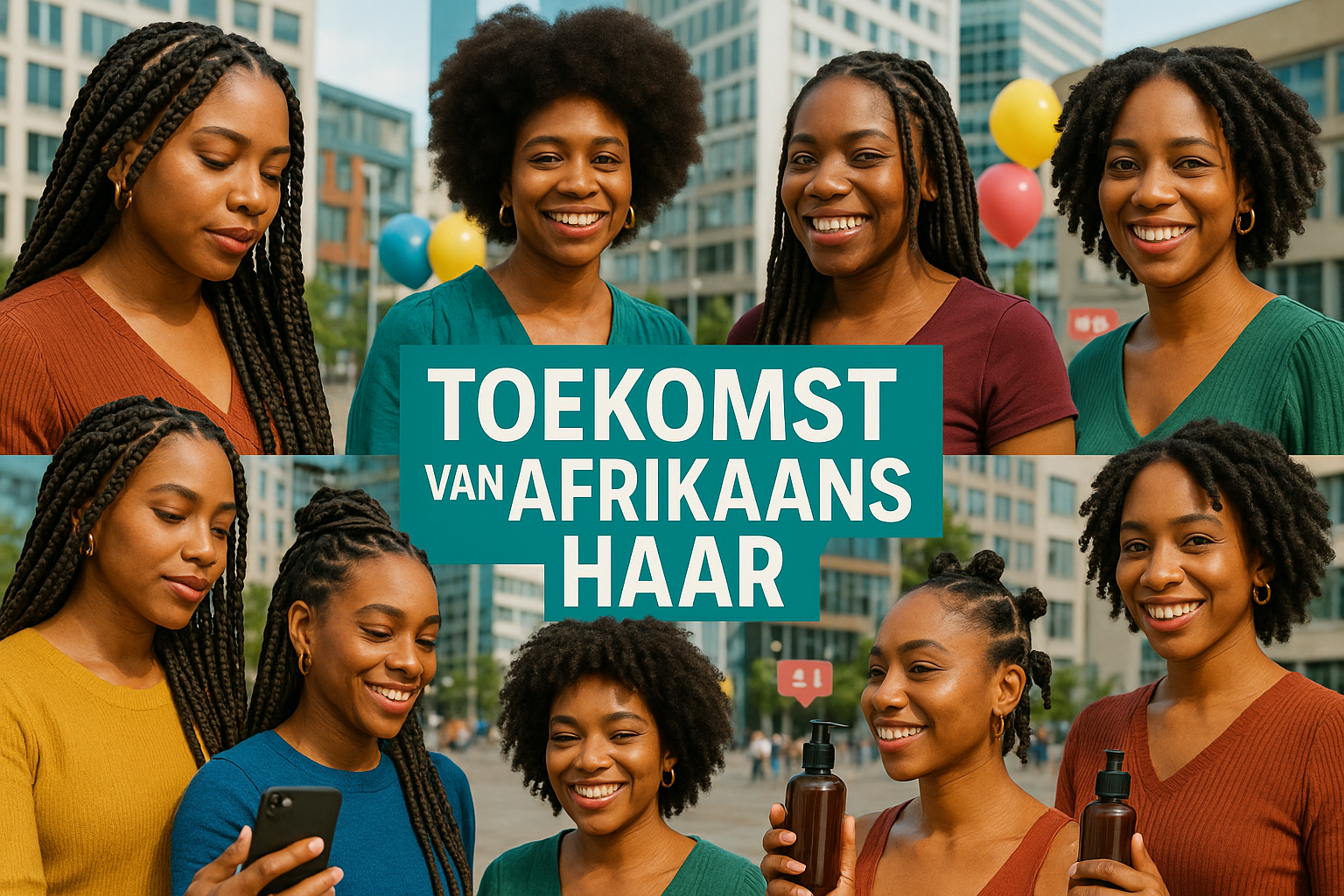 De Geschiedenis van Afrikaans Haar: Een Reis Door Tijd, Cultuur en Identiteit 3 Modern landscape image (1536x1024) showcasing contemporary celebration of Afrikaans haar with diverse range of natural hairstyles. Collage-s