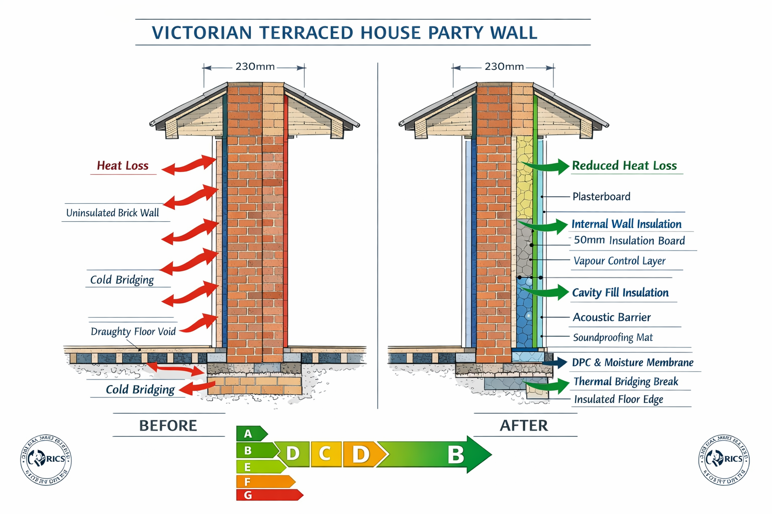 () detailed technical illustration showing cross-section diagram of Victorian terraced house party wall with labeled
