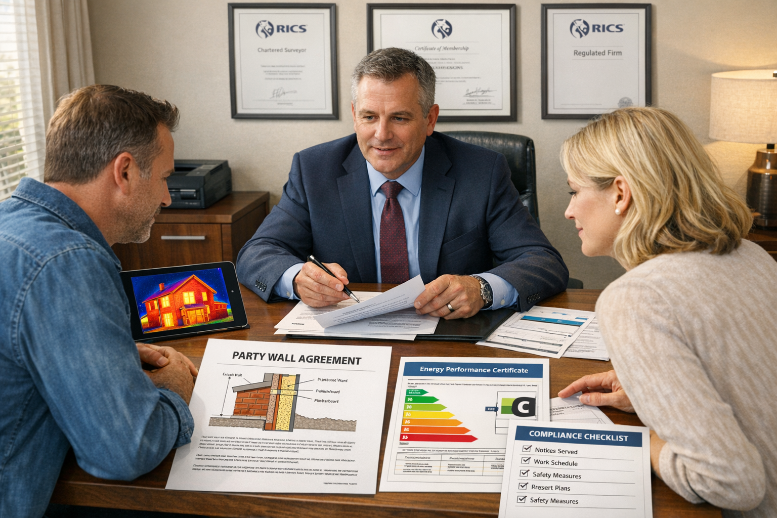 () professional office scene showing RICS chartered surveyor conducting party wall survey consultation at modern desk with