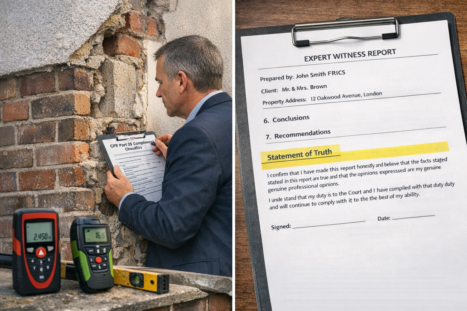Detailed () image showing a professional surveyor in business attire examining a shared party wall between two semi-detached