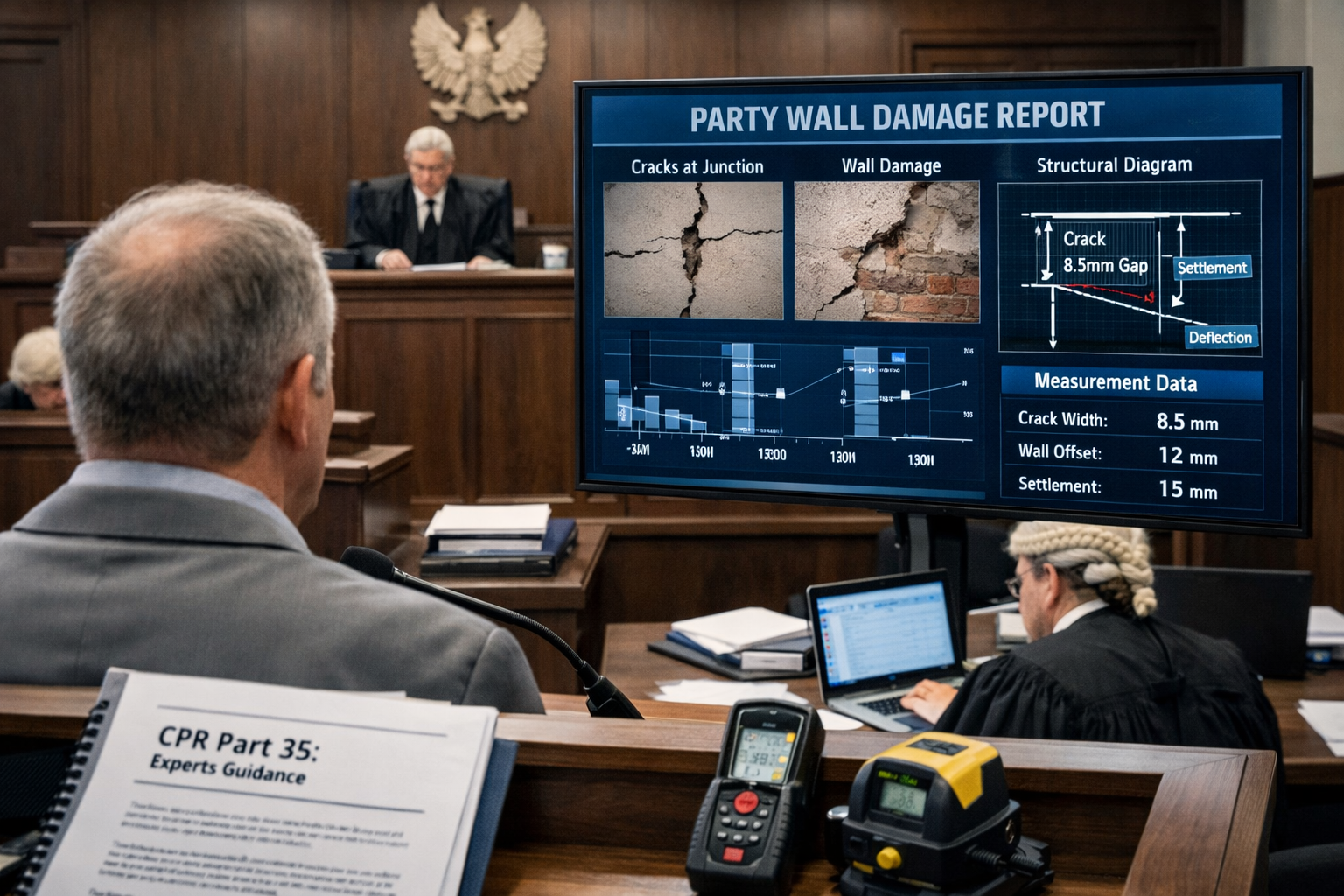 Detailed () image depicting a modern courtroom scene from the perspective behind an expert witness surveyor testifying at