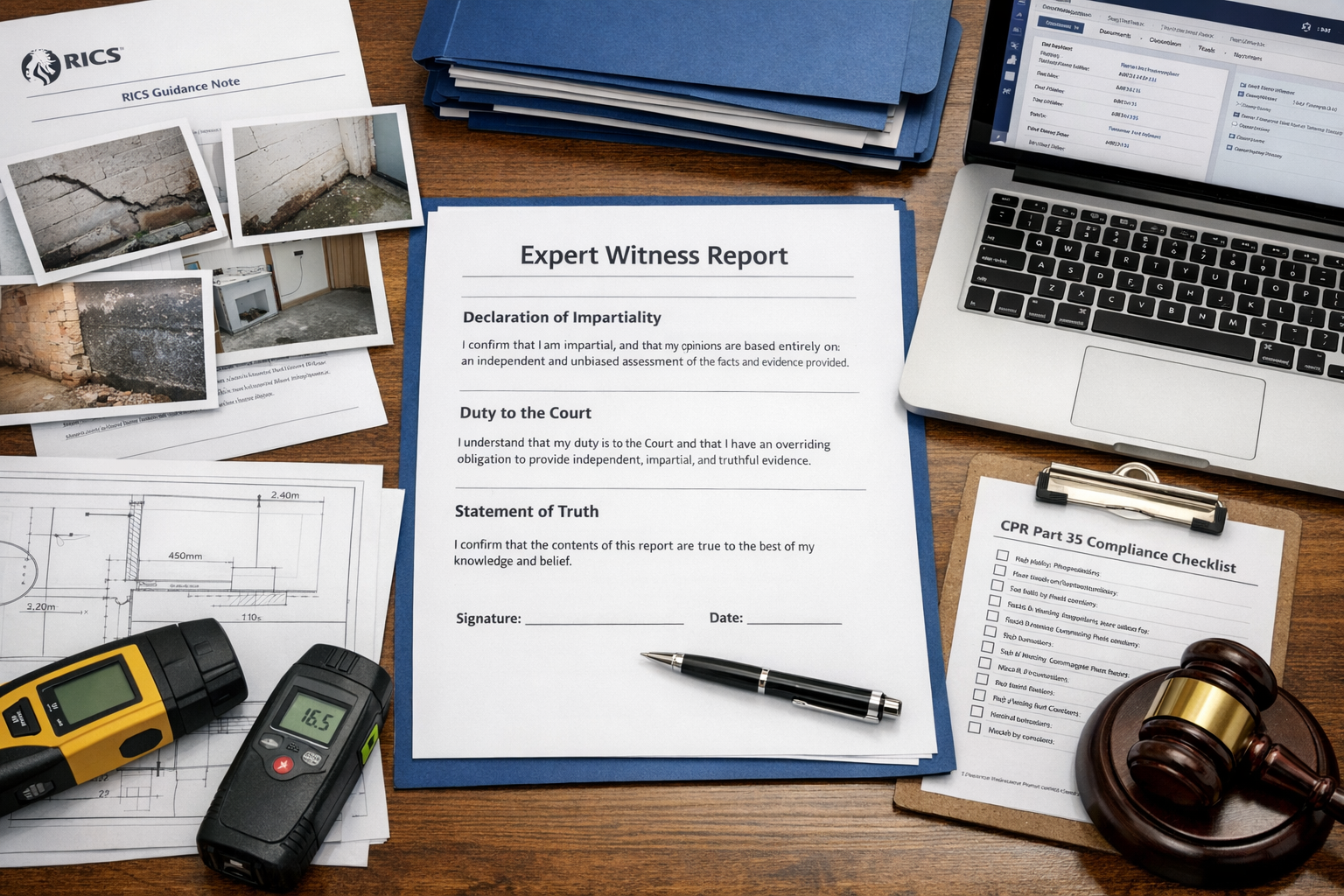 Detailed () image showing a close-up overhead view of an expert witness desk workspace during report preparation. Central