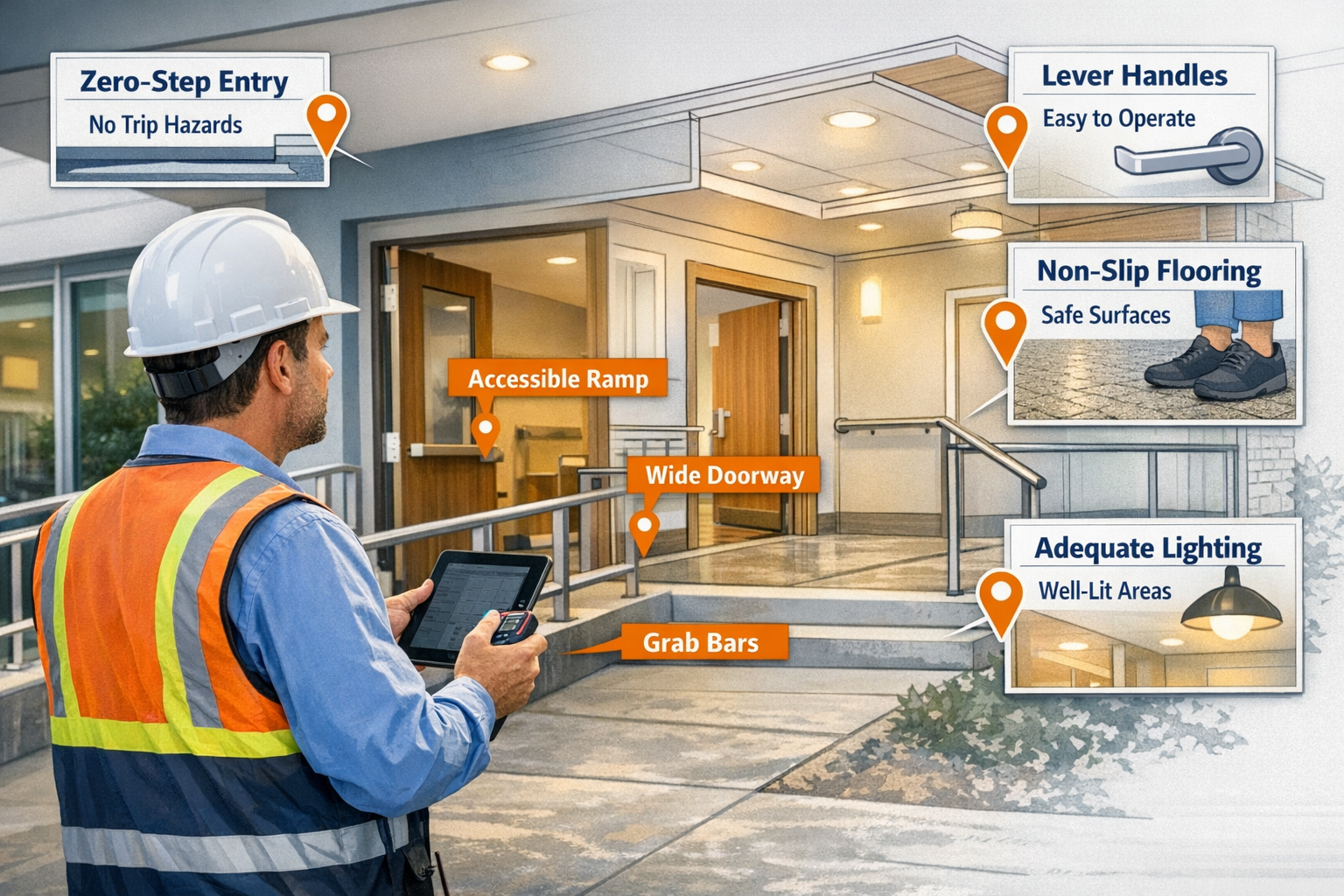 Detailed landscape format (1536x1024) image showing professional property surveyor conducting inspection at modern senior living facility. S