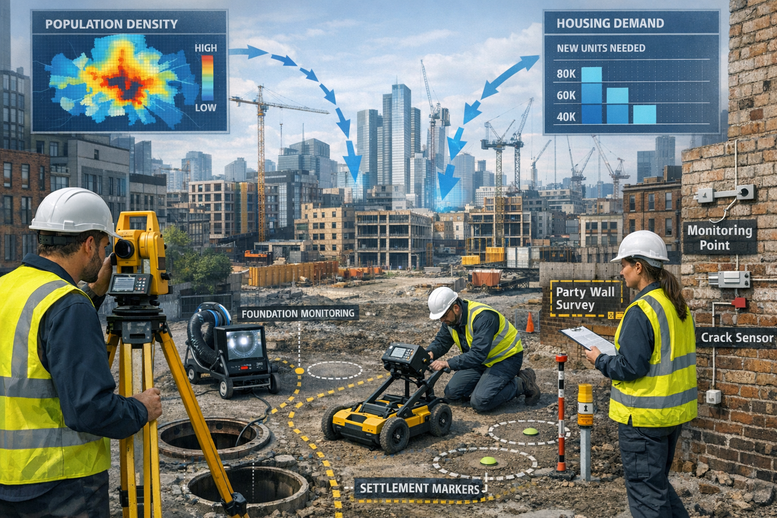 Detailed landscape format (1536x1024) urban development scene showing property surveyor team conducting site assessment in dense city enviro