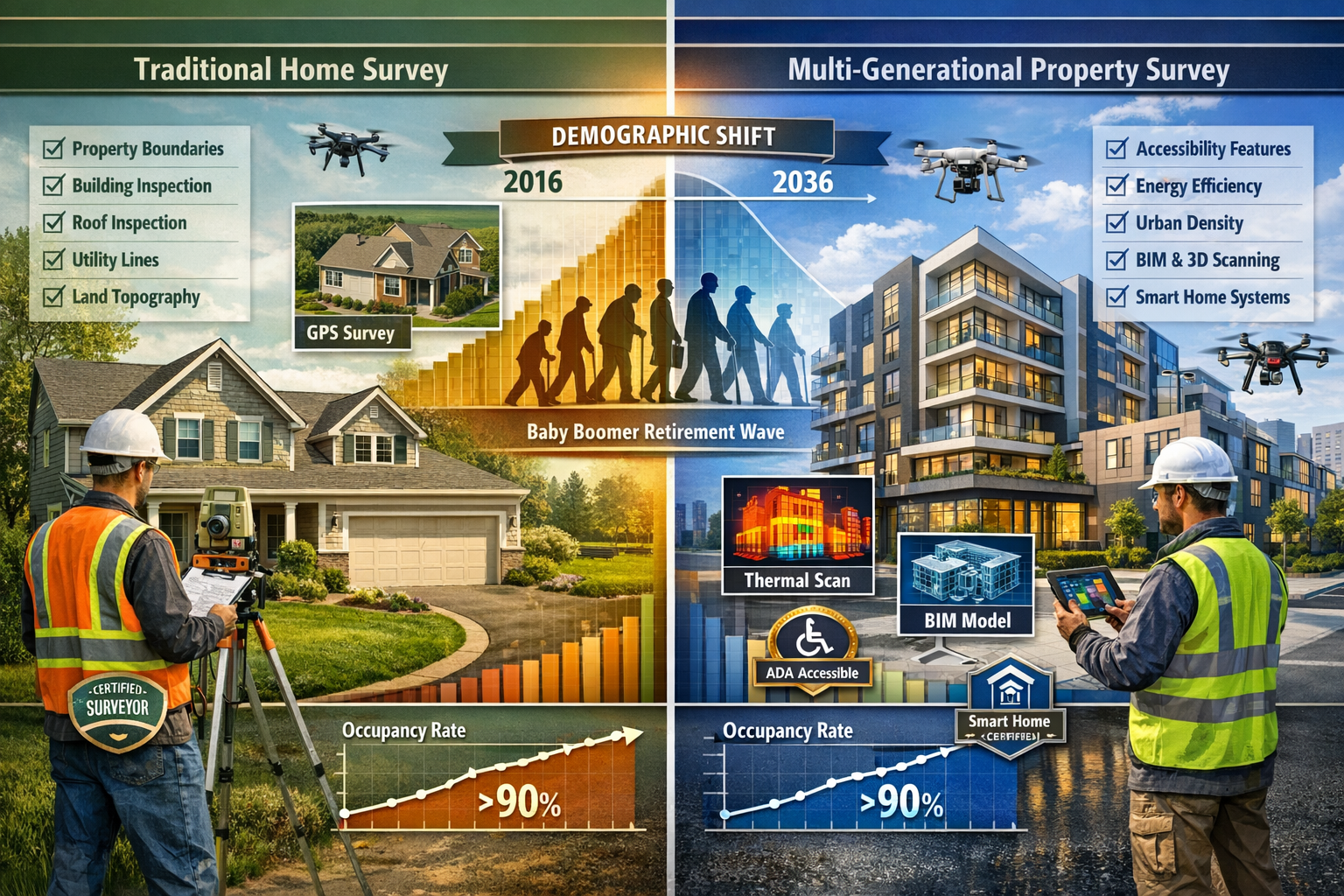 Detailed landscape format (1536x1024) comparative split-screen visualization showing evolution of property survey services for demographic c