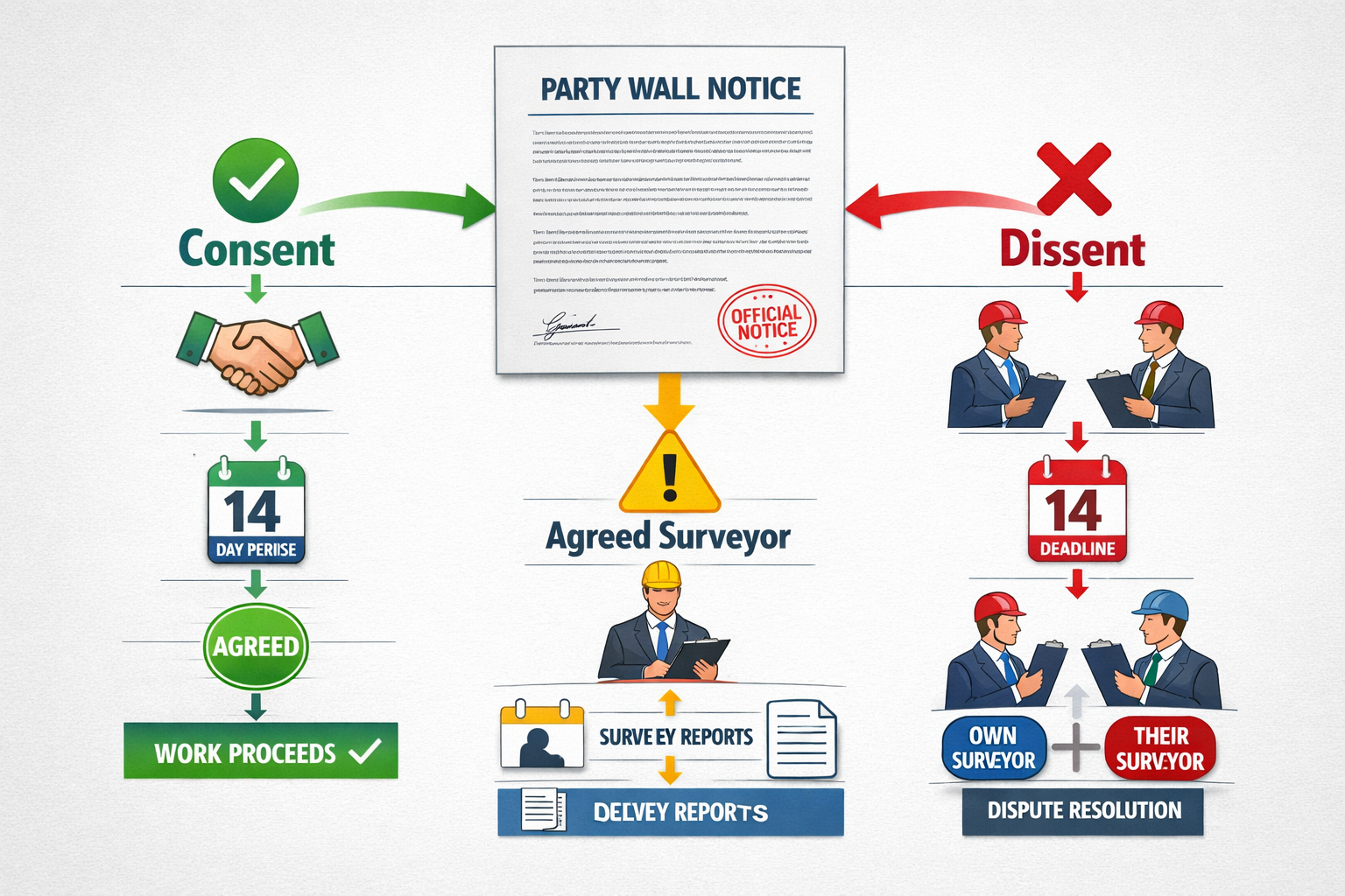 Detailed () illustration showing three distinct pathways branching from a single Party Wall Notice document in center: left