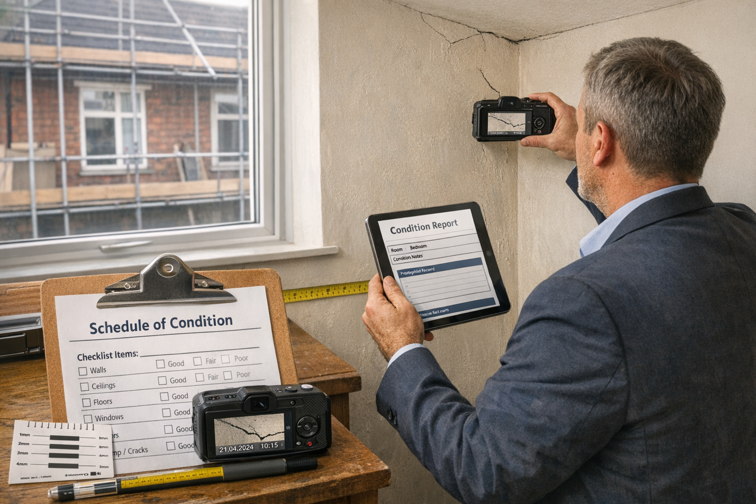 Detailed () scene showing professional party wall surveyor in business attire conducting detailed property inspection inside