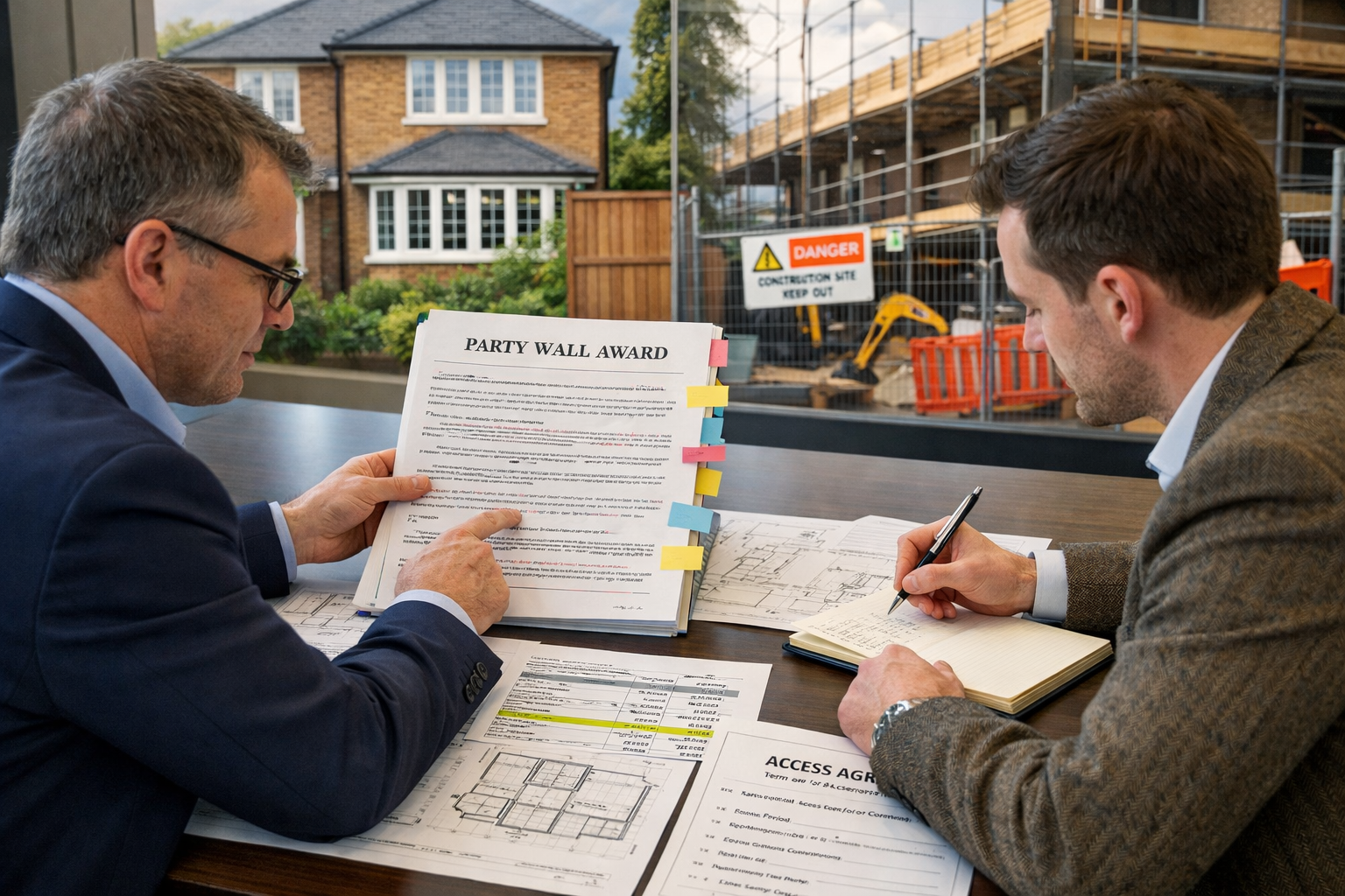 Detailed () professional negotiation scene showing two surveyors seated at modern conference table reviewing Party Wall