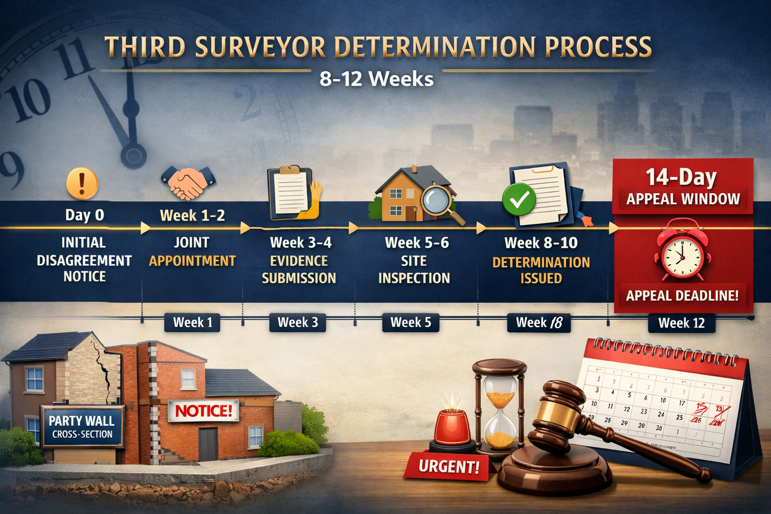 Detailed () image showing calendar-based timeline visualization for Third Surveyor determination process spanning 8-12