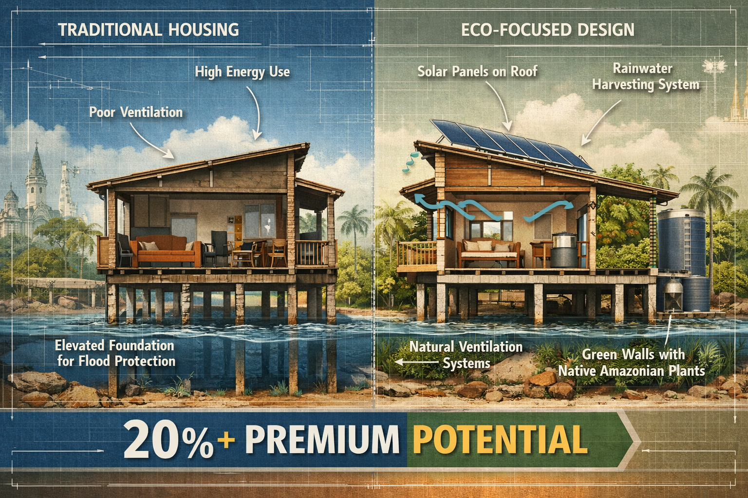 Landscape format (1536x1024) architectural rendering of sustainable housing development in Belém showing cross-section view of net-zero ener