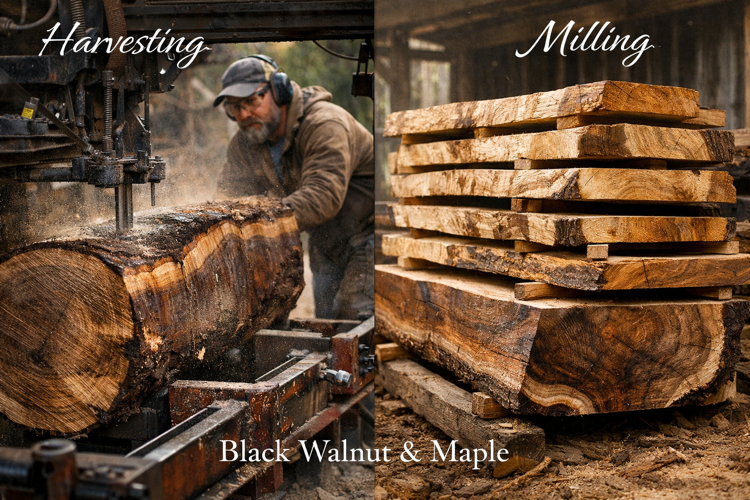Landscape format (1536x1024) image showcasing the initial stages of the live edge wood slab journey: a log being cut on a sawmill with a ski
